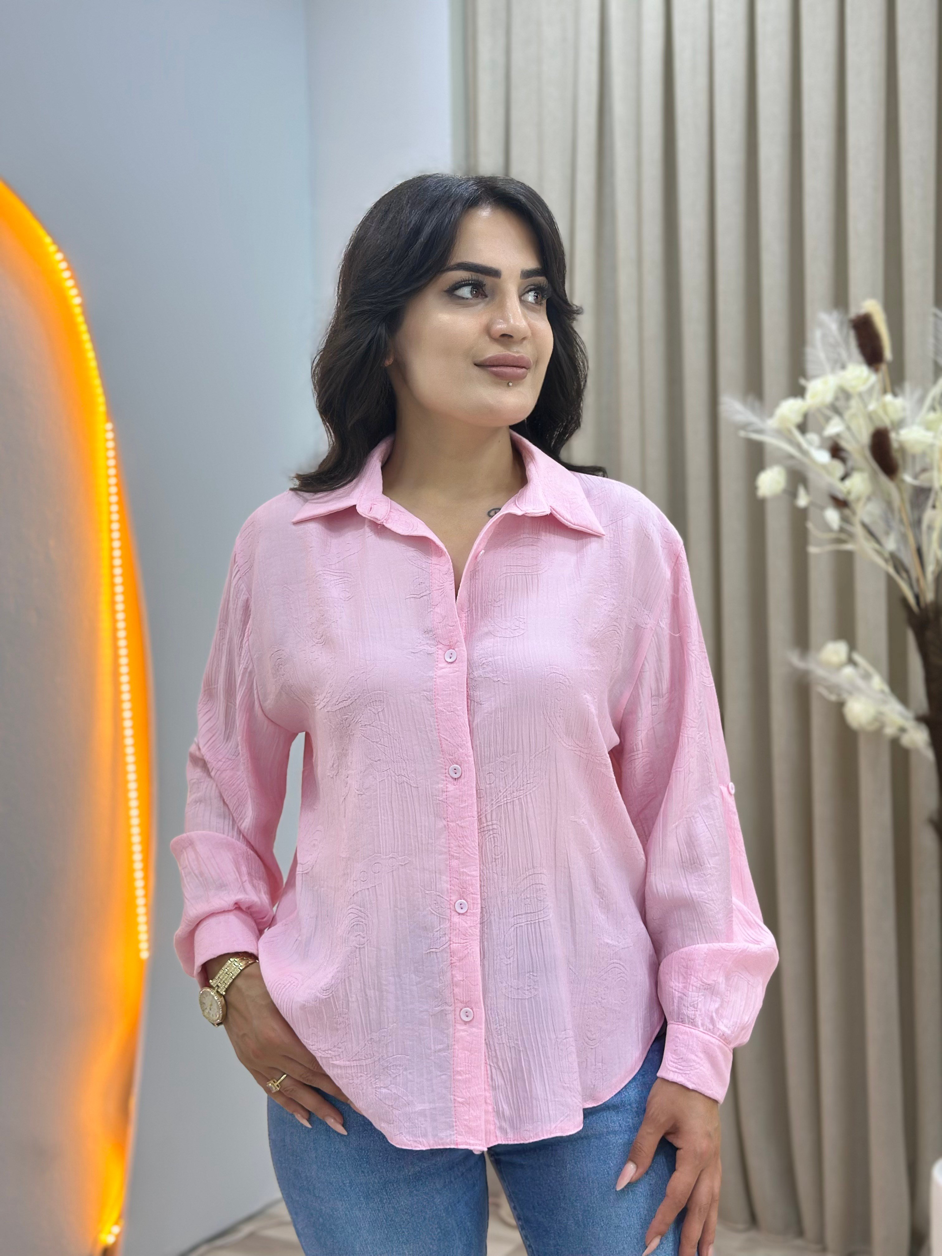 Tuge Pembe Kendinden Desenli Düğmeli Oversize Pamuklu Gömlek D171