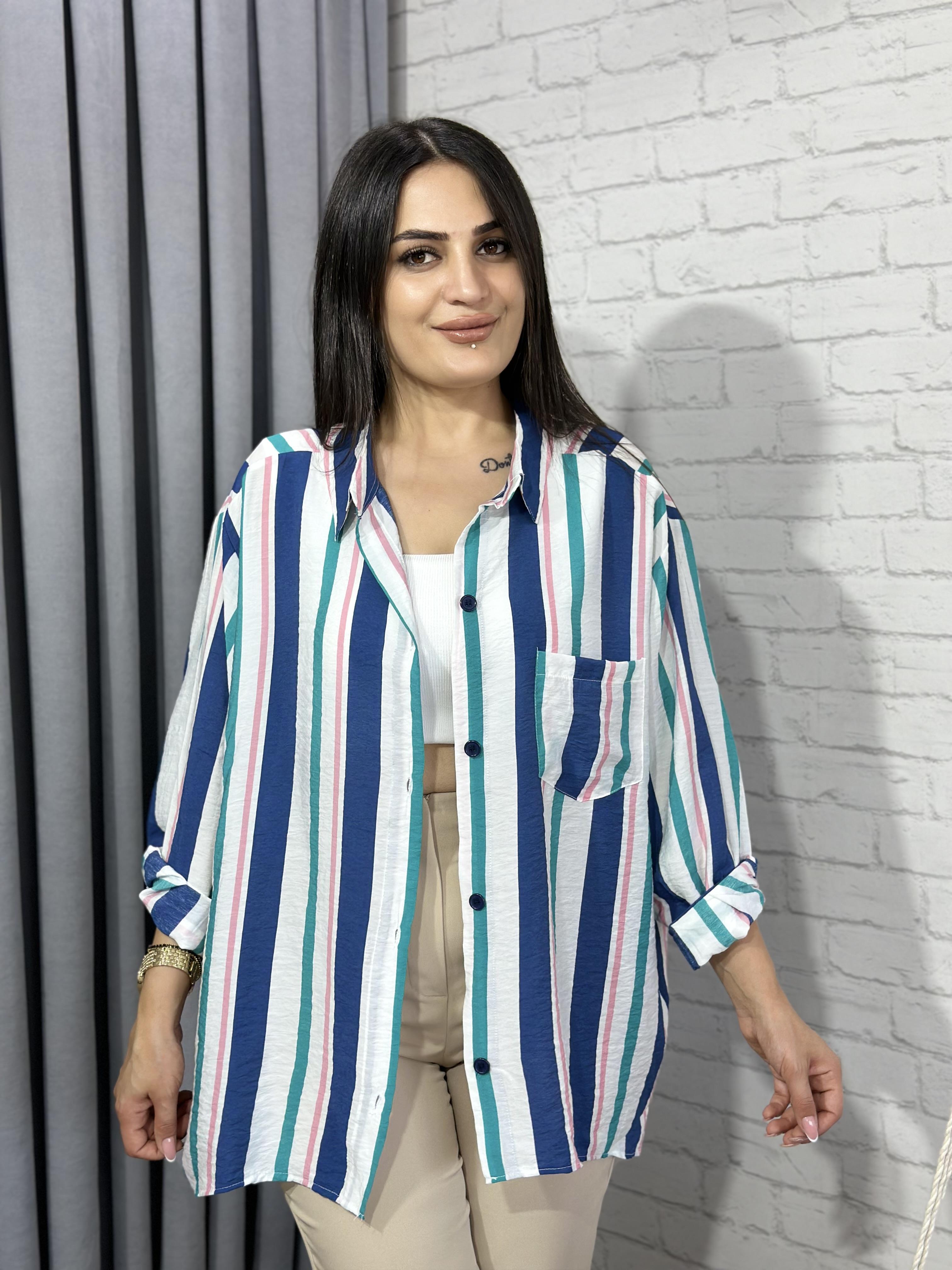 Turkuaz Lacivert  Cepli Bambu Pamuk Kumaş Oversize Gömlek