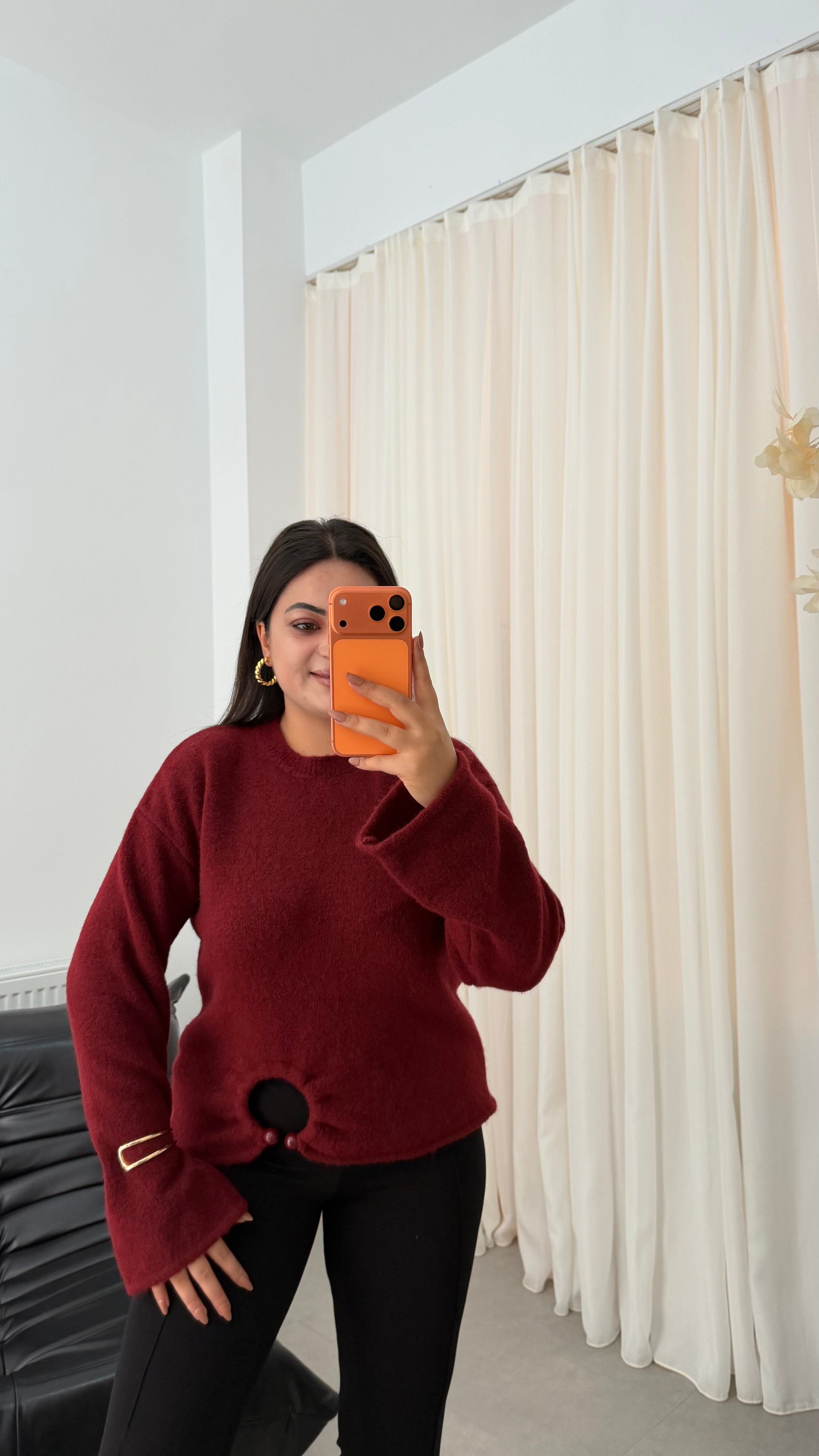 Urban Bisiklet Yaka Toka Detaylı Triko Kazak Bordo