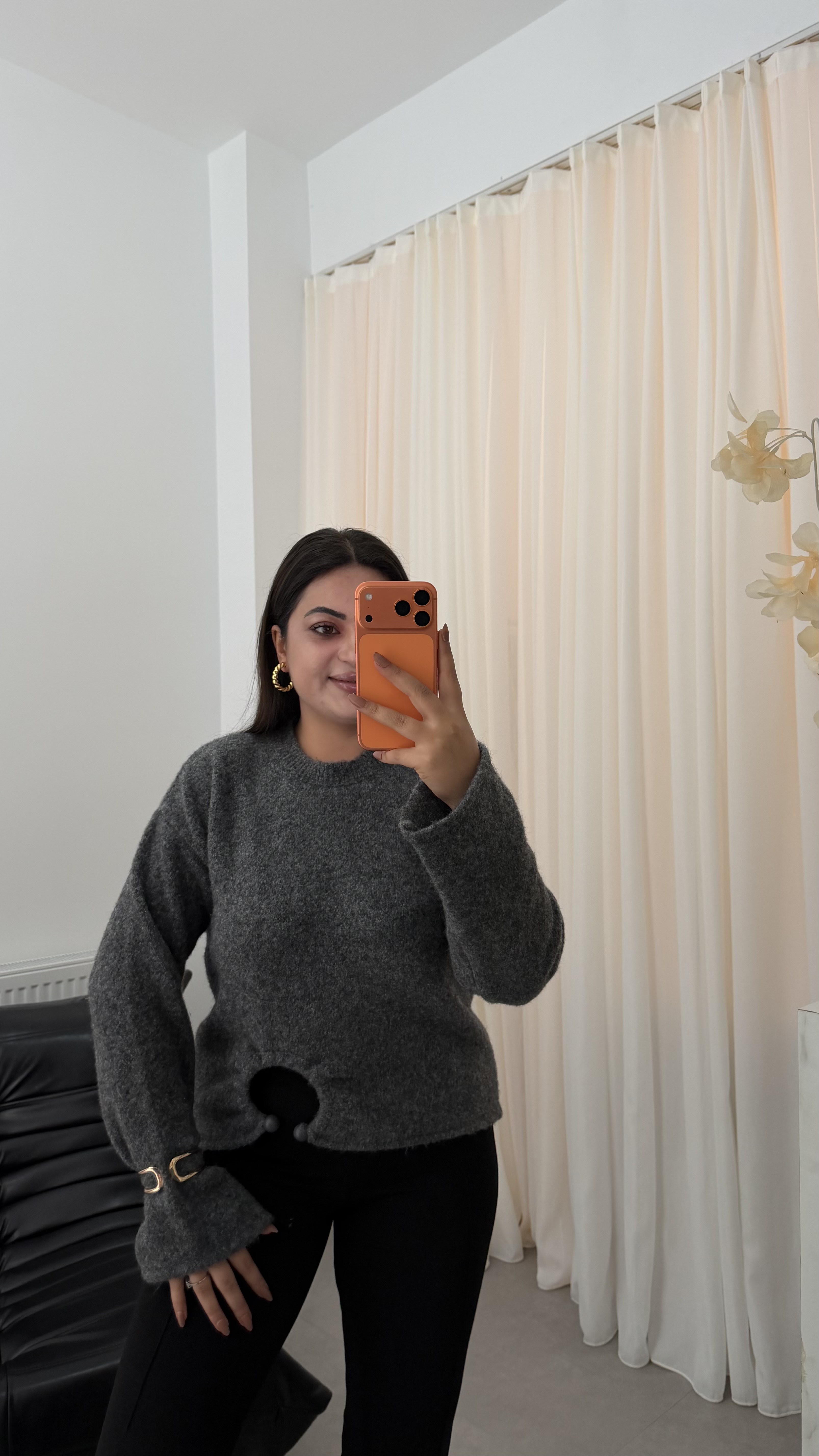 Urban Bisiklet Yaka Toka Detaylı Triko Kazak Gri
