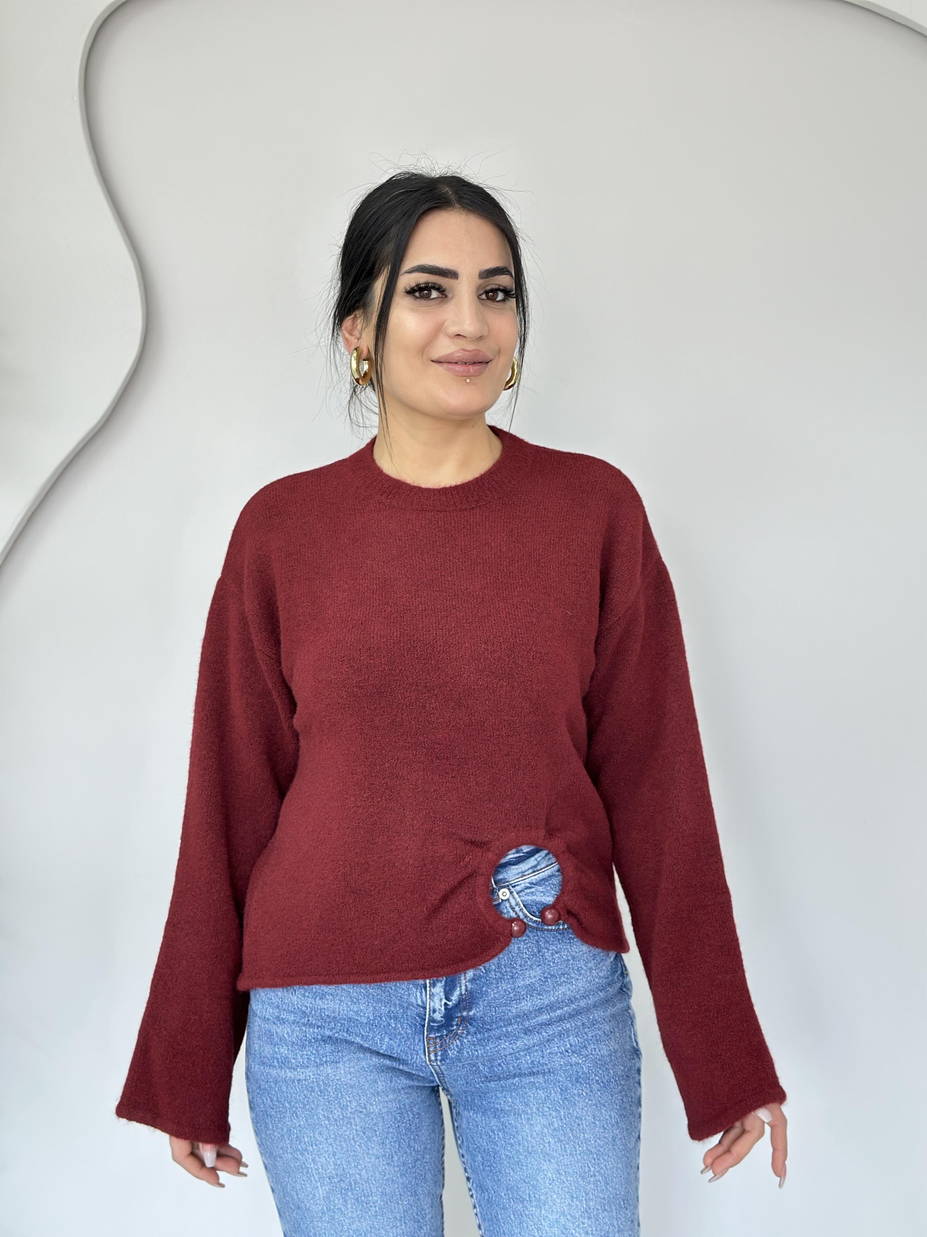 Urban Bordo Bisiklet Yaka Toka Detaylı Triko Kazak C5656