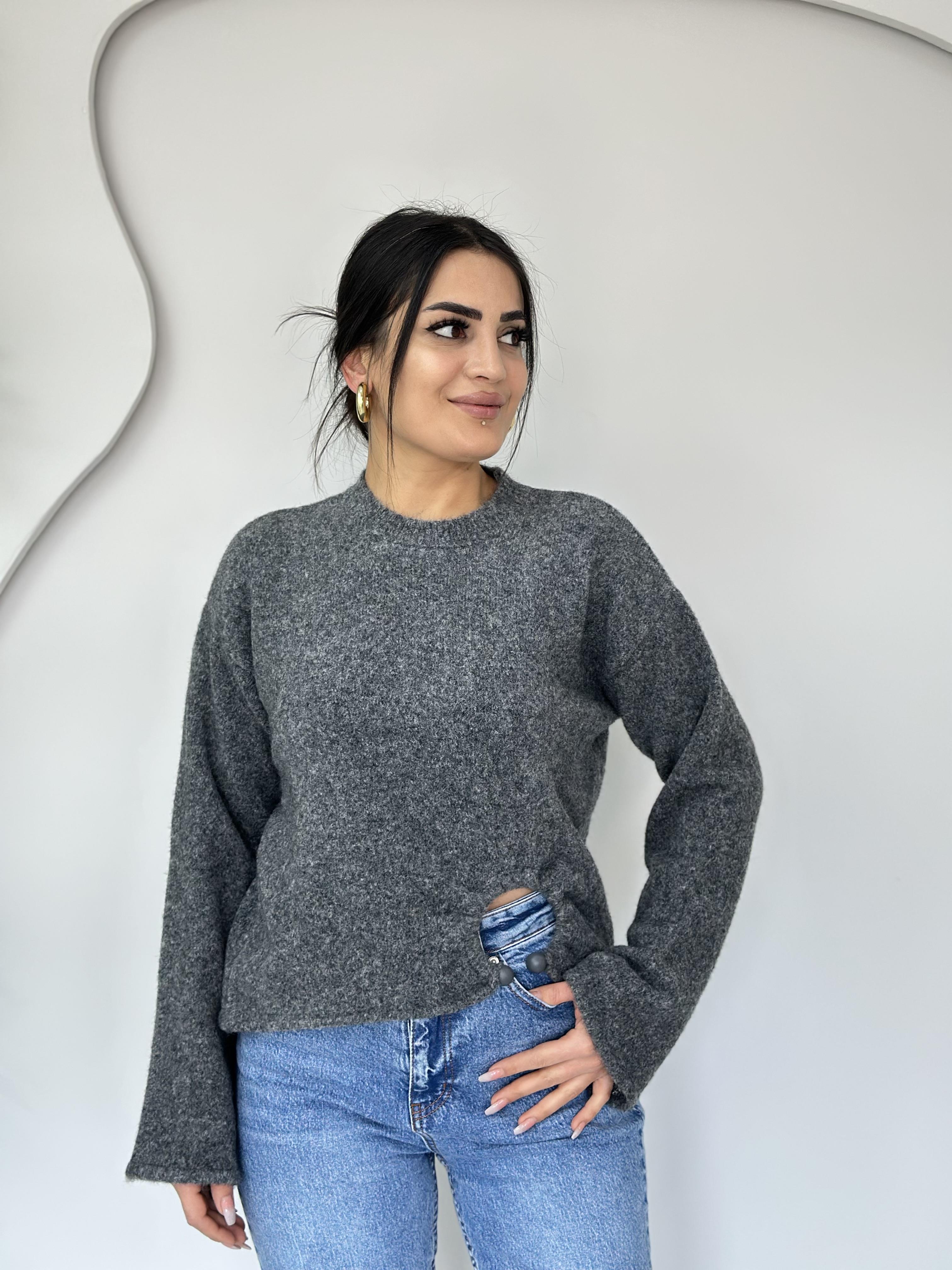 Urban Gri Bisiklet Yaka Toka Detaylı Triko Kazak C5656