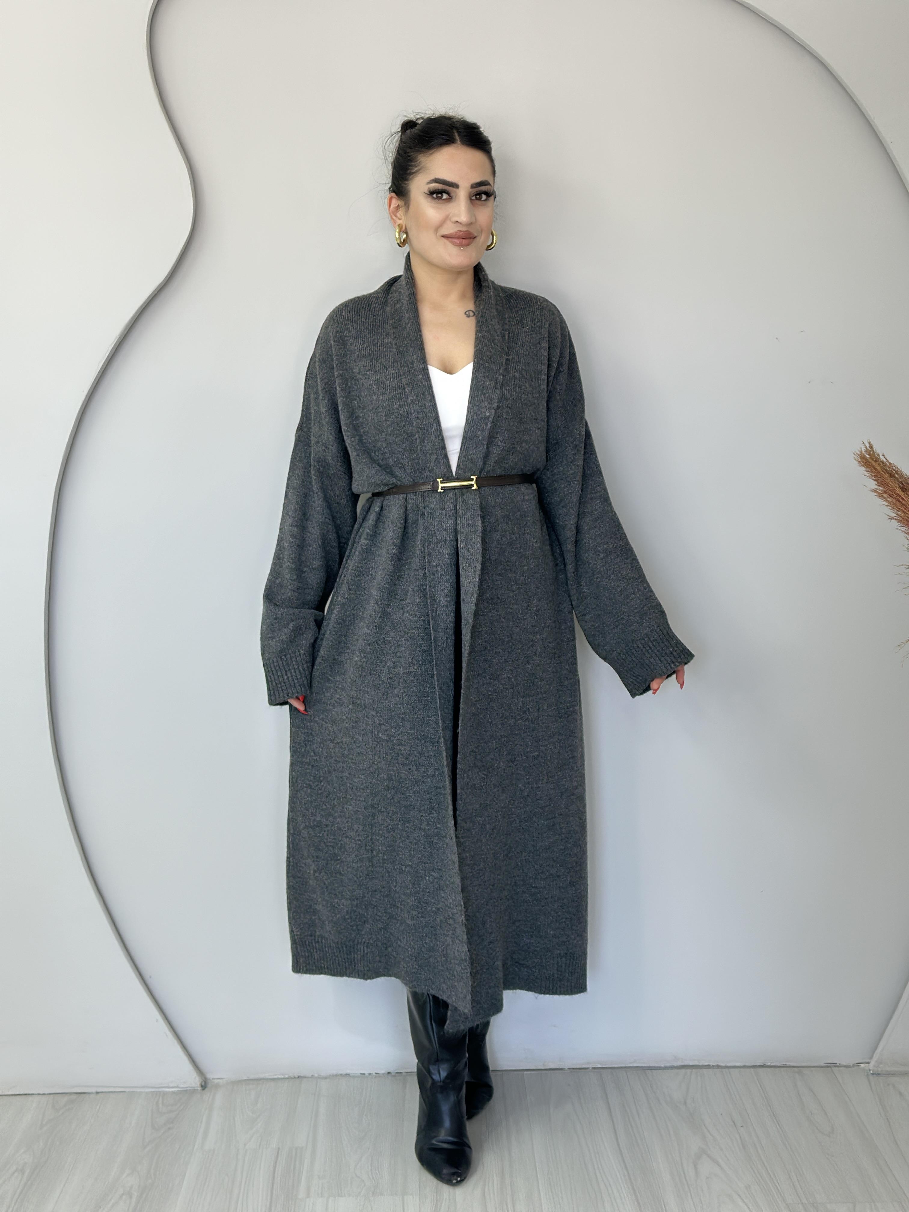 Vani Gri Şal Yaka Oversize Triko Hırka E888