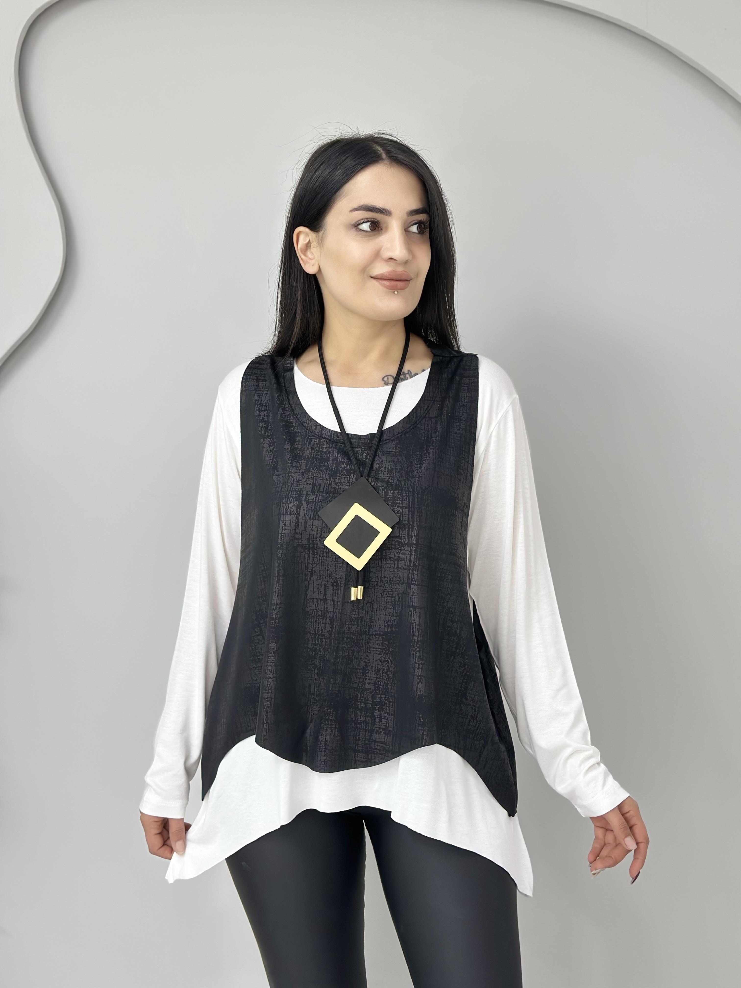 Velin Beyaz Deri Yelekli Kolye Dahil Üçlü Tasarım Bluz A033