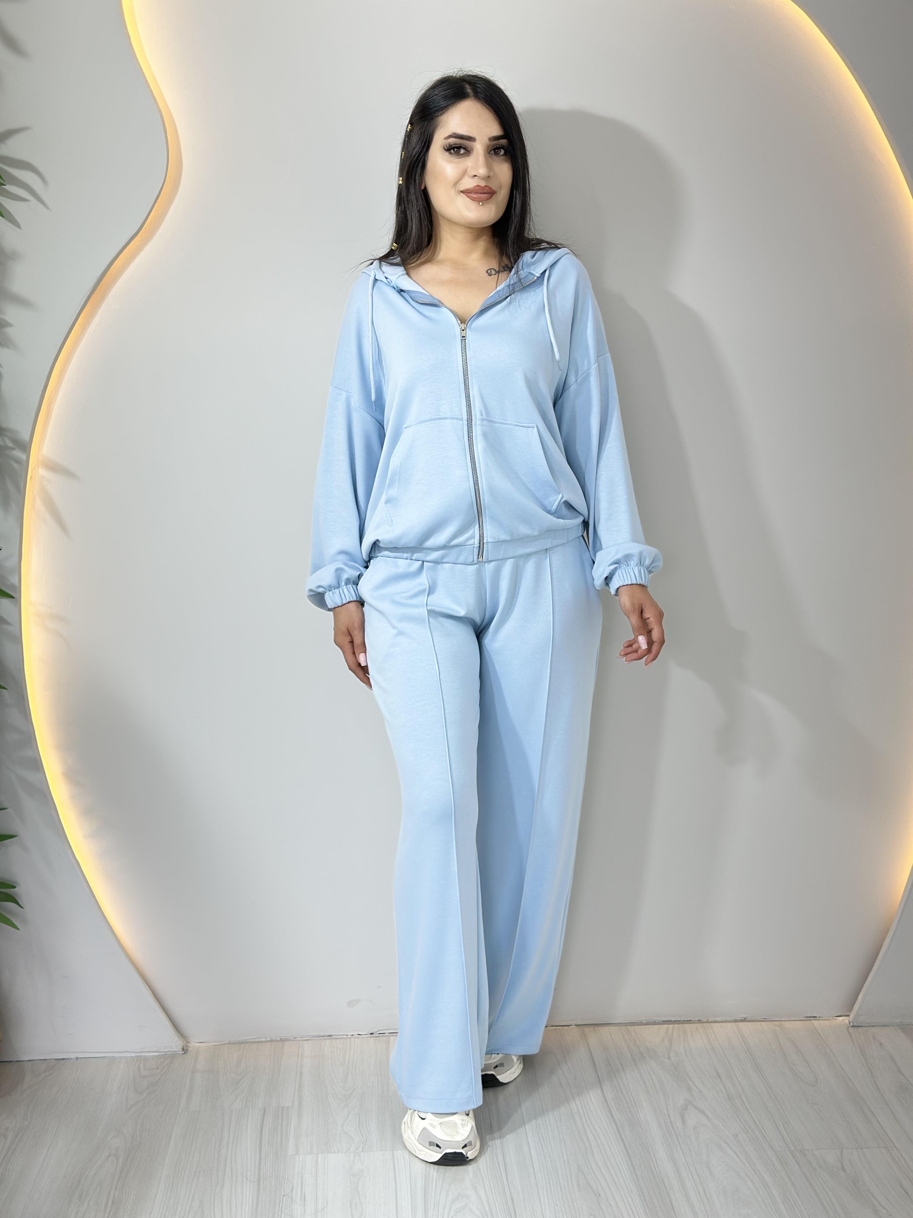 Vina Bebe Mavi Ön Fermuarlı Modal Kumaş Şeritli 2'Li Takım A082