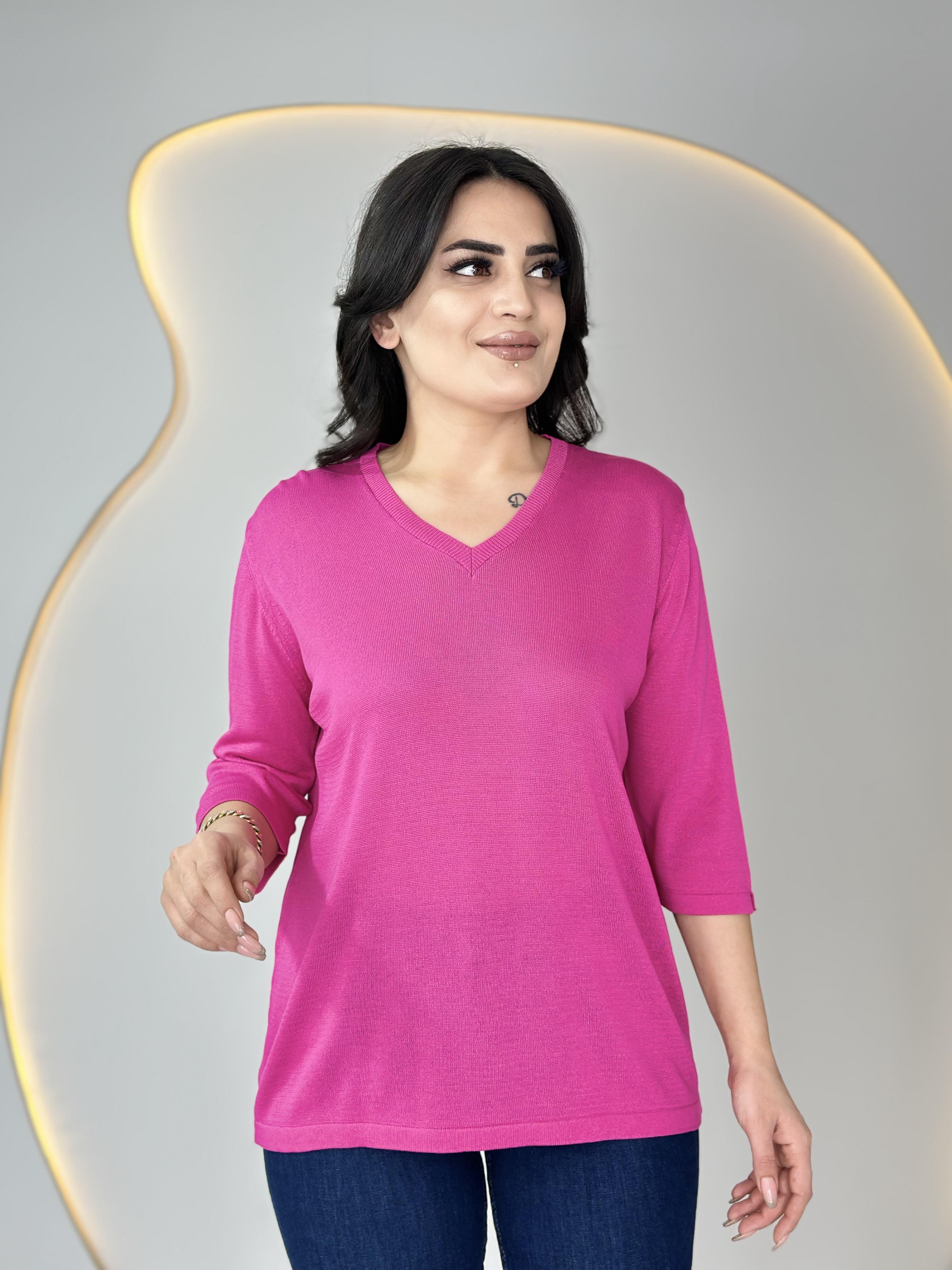 Vior Fuşya V Yaka Sim İşlemeli Triko Bluz D025