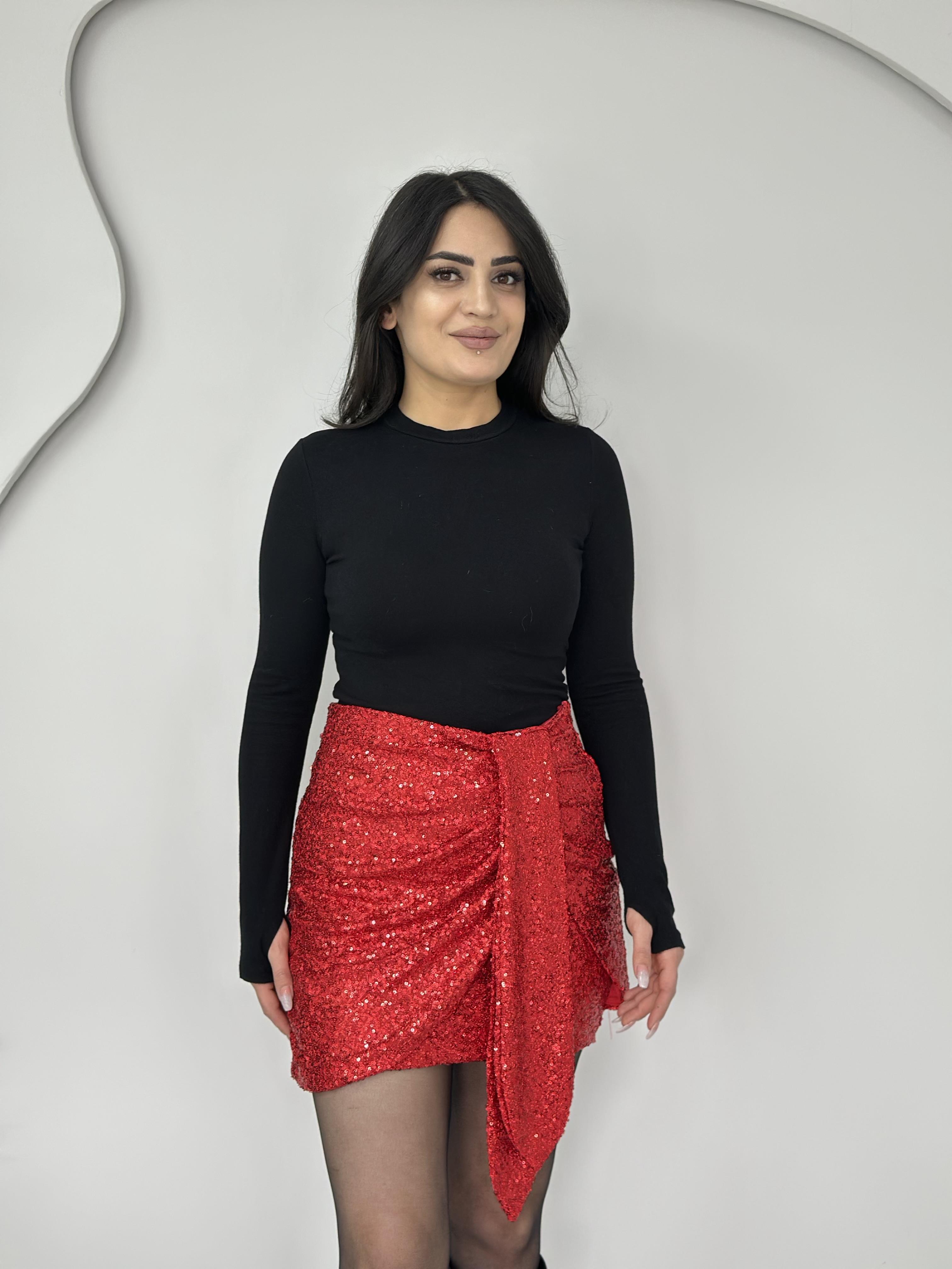 Vorya Kırmızı Payetli Yandan Bağlama Detaylı Mini Etek A8888