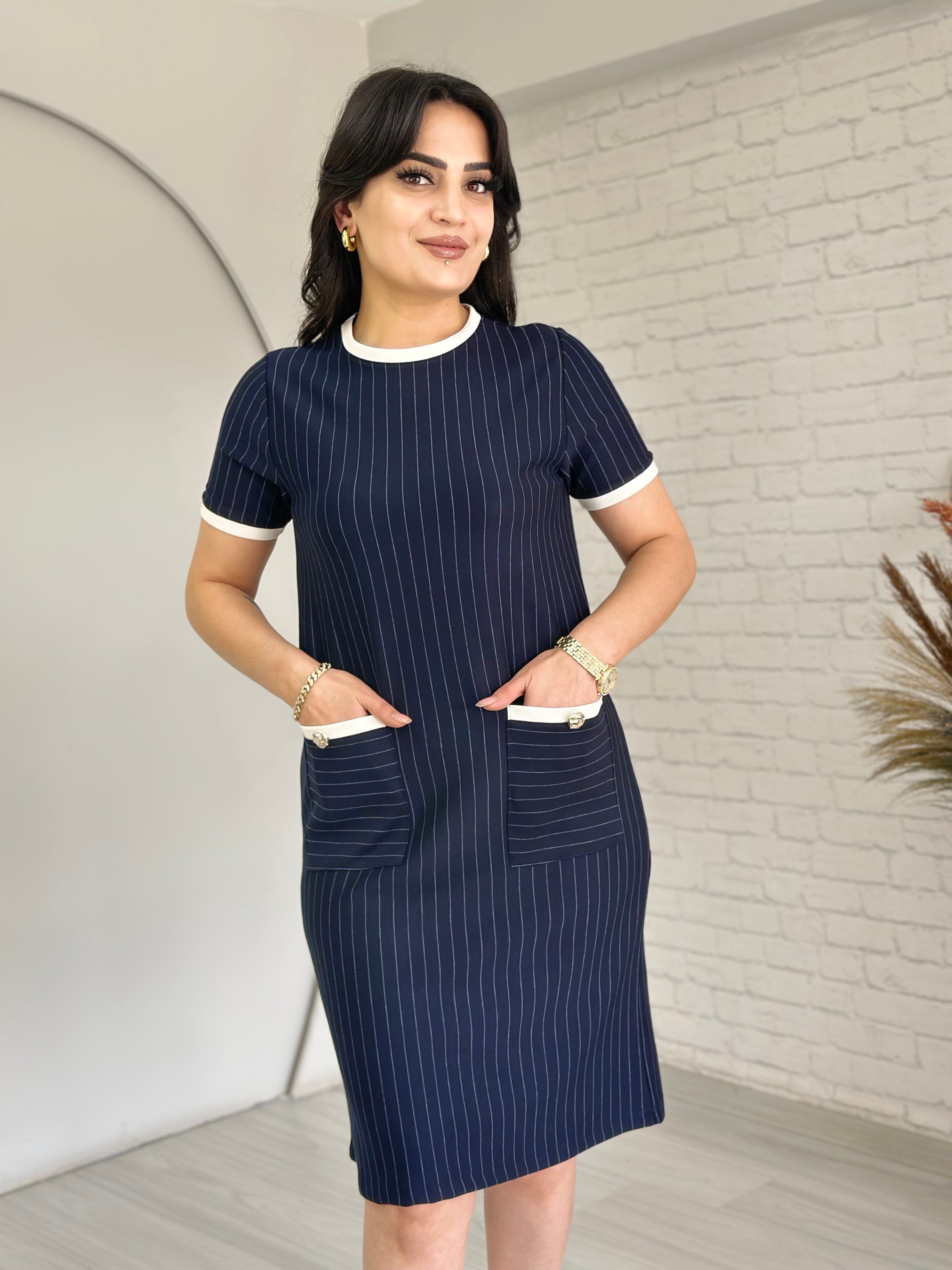 Yumi Lacivert Çizgili Cepli Modal Elbise D075