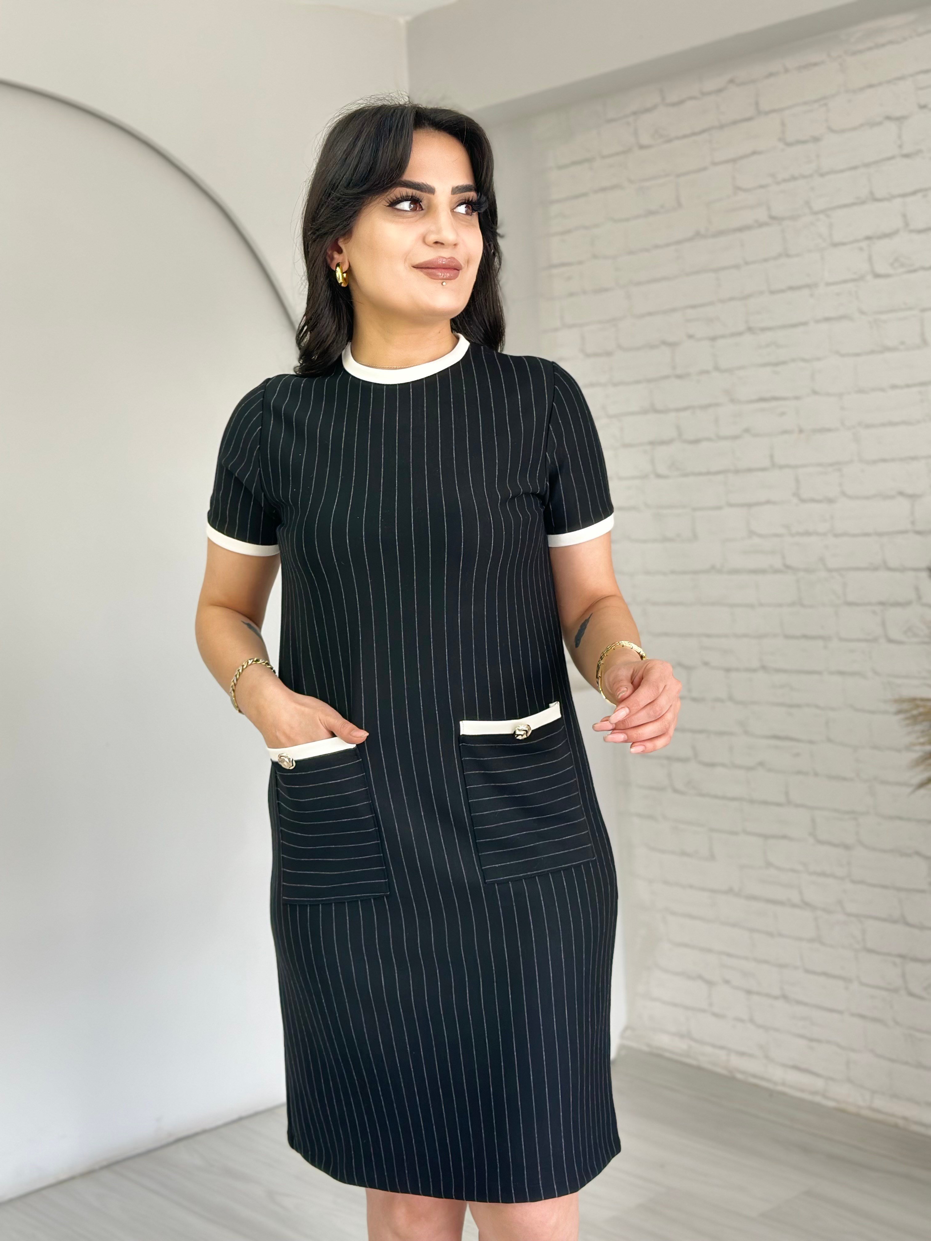 Yumi Siyah Çizgili Cepli Modal Elbise D075