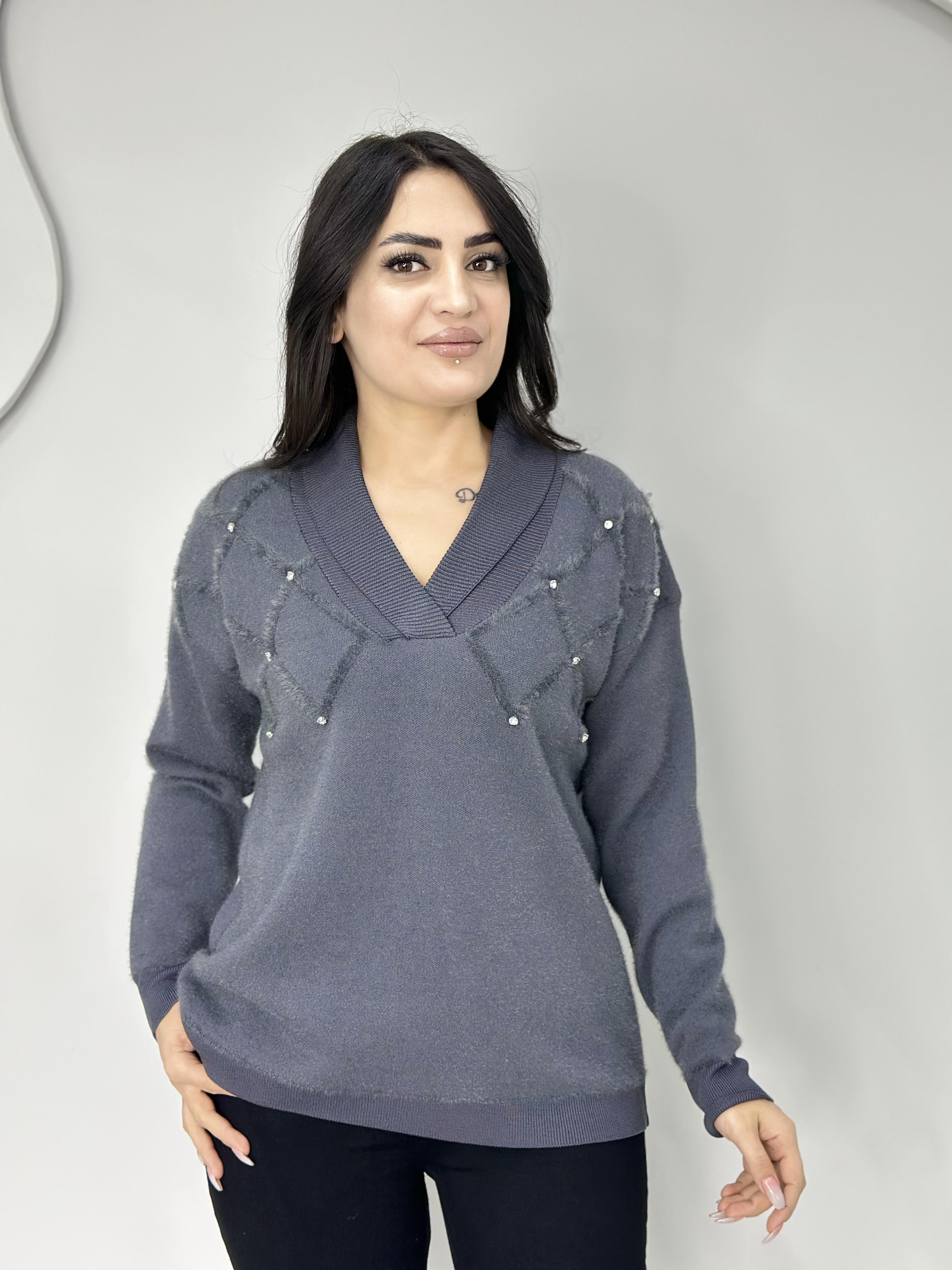 Zera Antrasit V Yaka Taş Detaylı Sakallı Triko Kazak A5858