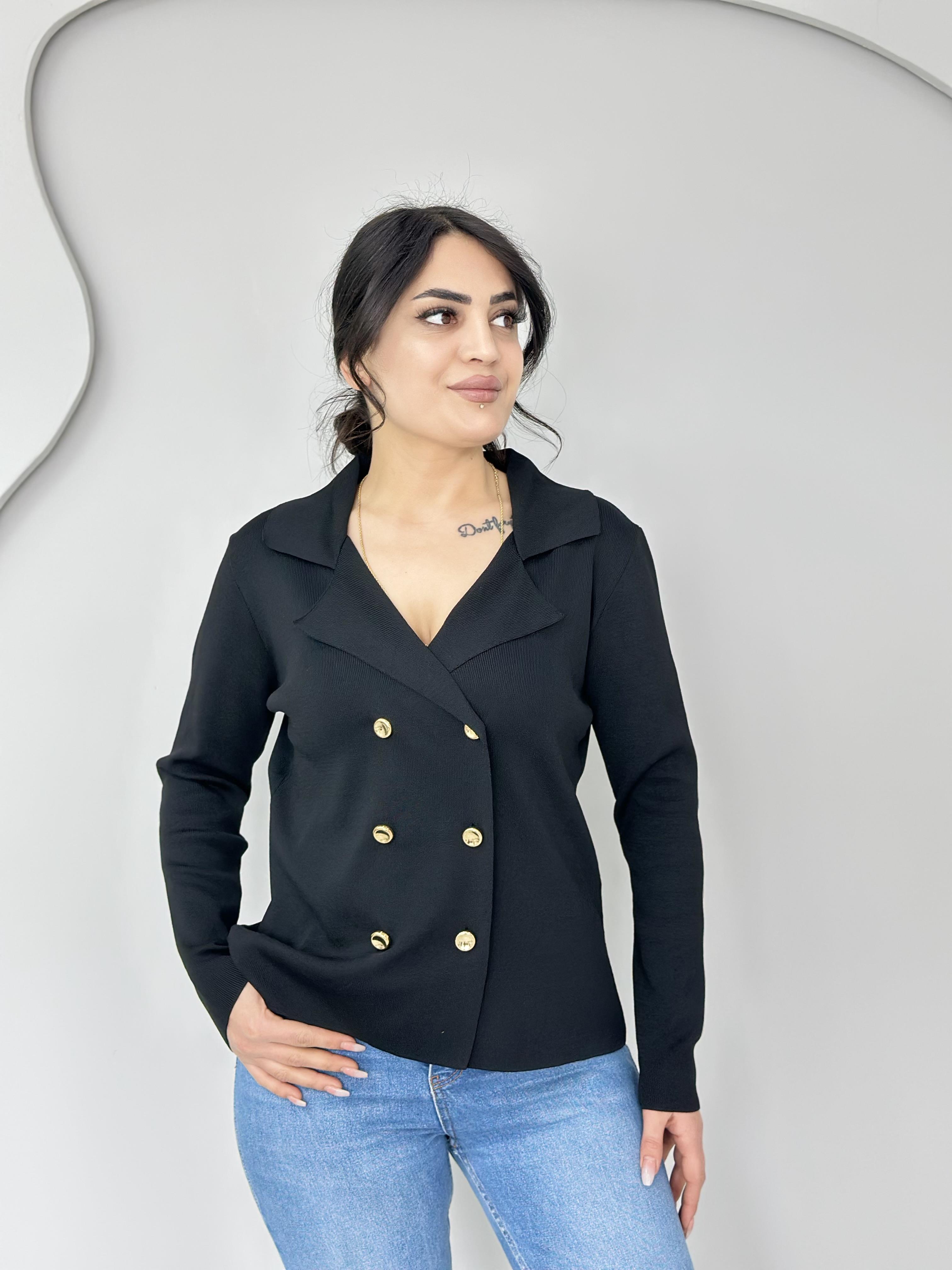 Zila Siyah Ceket Yaka Gold Düğmeli Çelik Triko Hırka C1026