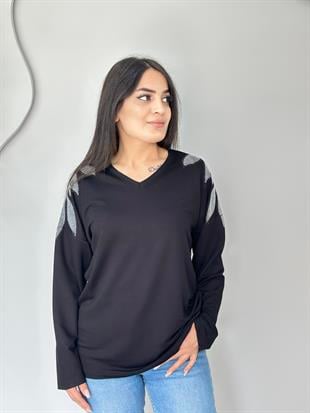 Elaxi Siyah V Yaka Taşlı Viskon Bluz A606