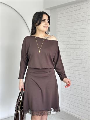 Olin Kahve Dantelli Modal Elbise D003