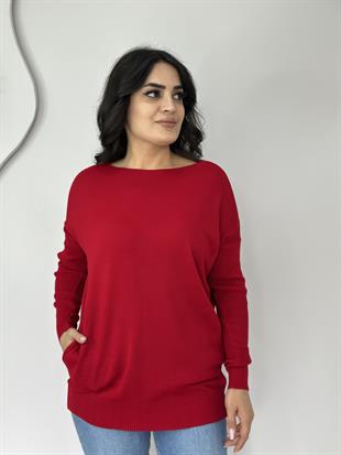 Selanik Kırmızı Cepli Triko Bluz A414
