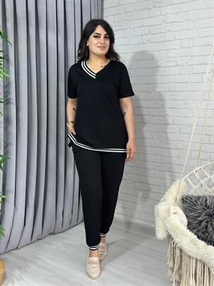 Siyah Kısa Kollu Ribanalı Viskon Kumaş İkili Takım A000
