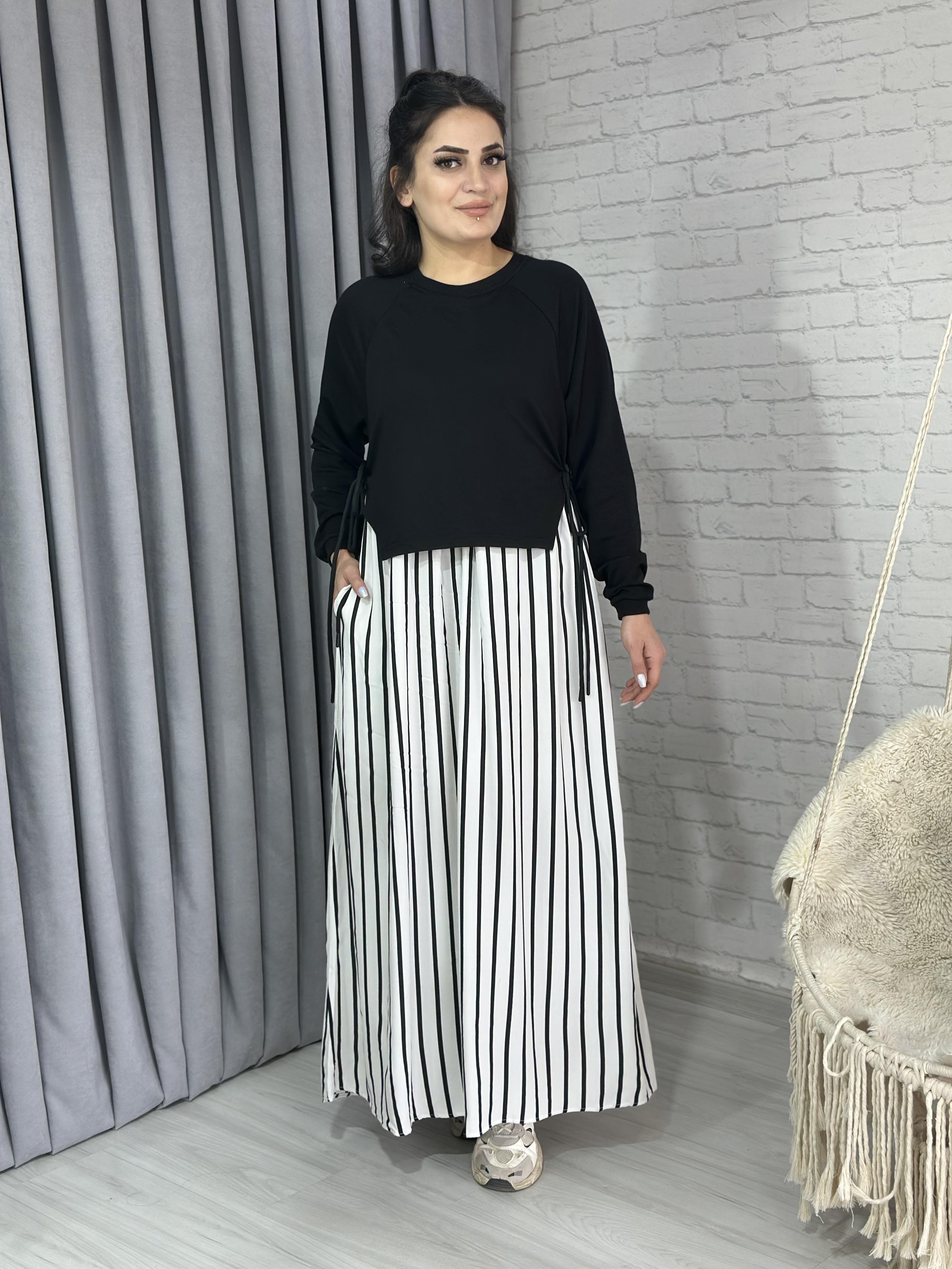  Beyaz Siyah Çizgi Desenli Pamuk Viskon Cepli Uzun Kol Yan Bağcık Elbise A036