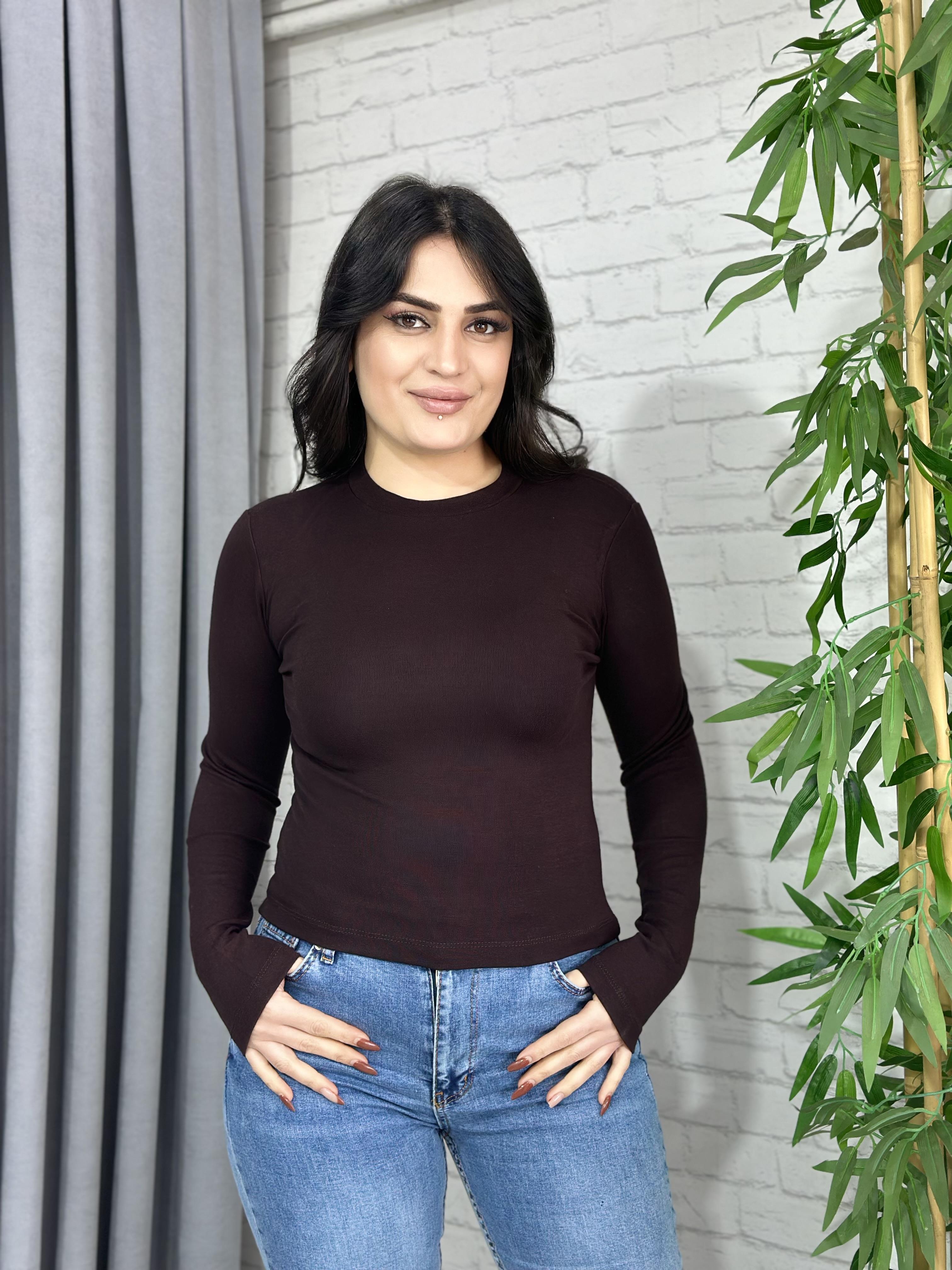 Acı Kahve Bisiklet Yaka Modal Kumaş Uzun Kol Basic Orijinal Tshirt A005