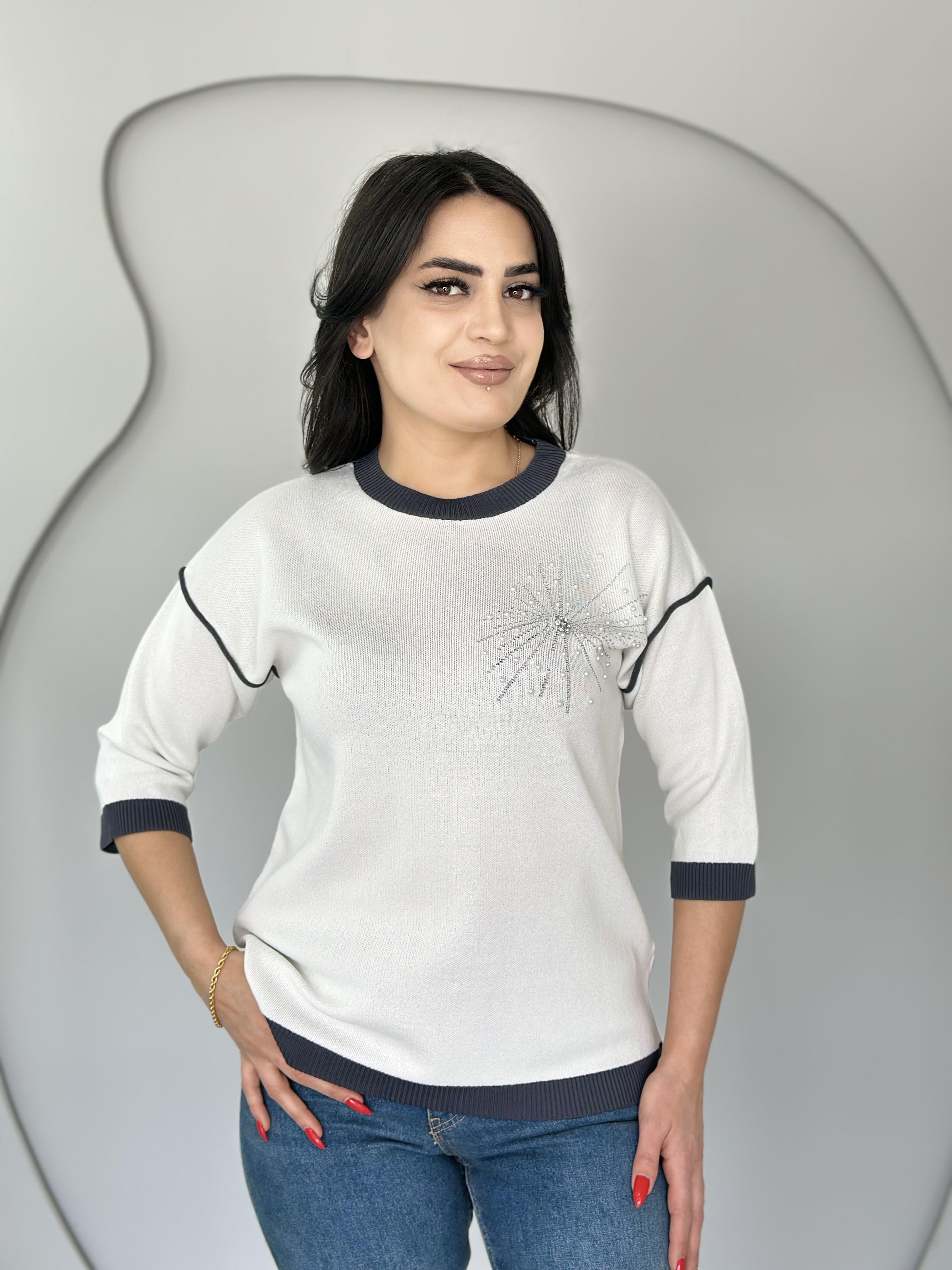 Agin Beyaz İnci Detay Simli Triko Bluz D002