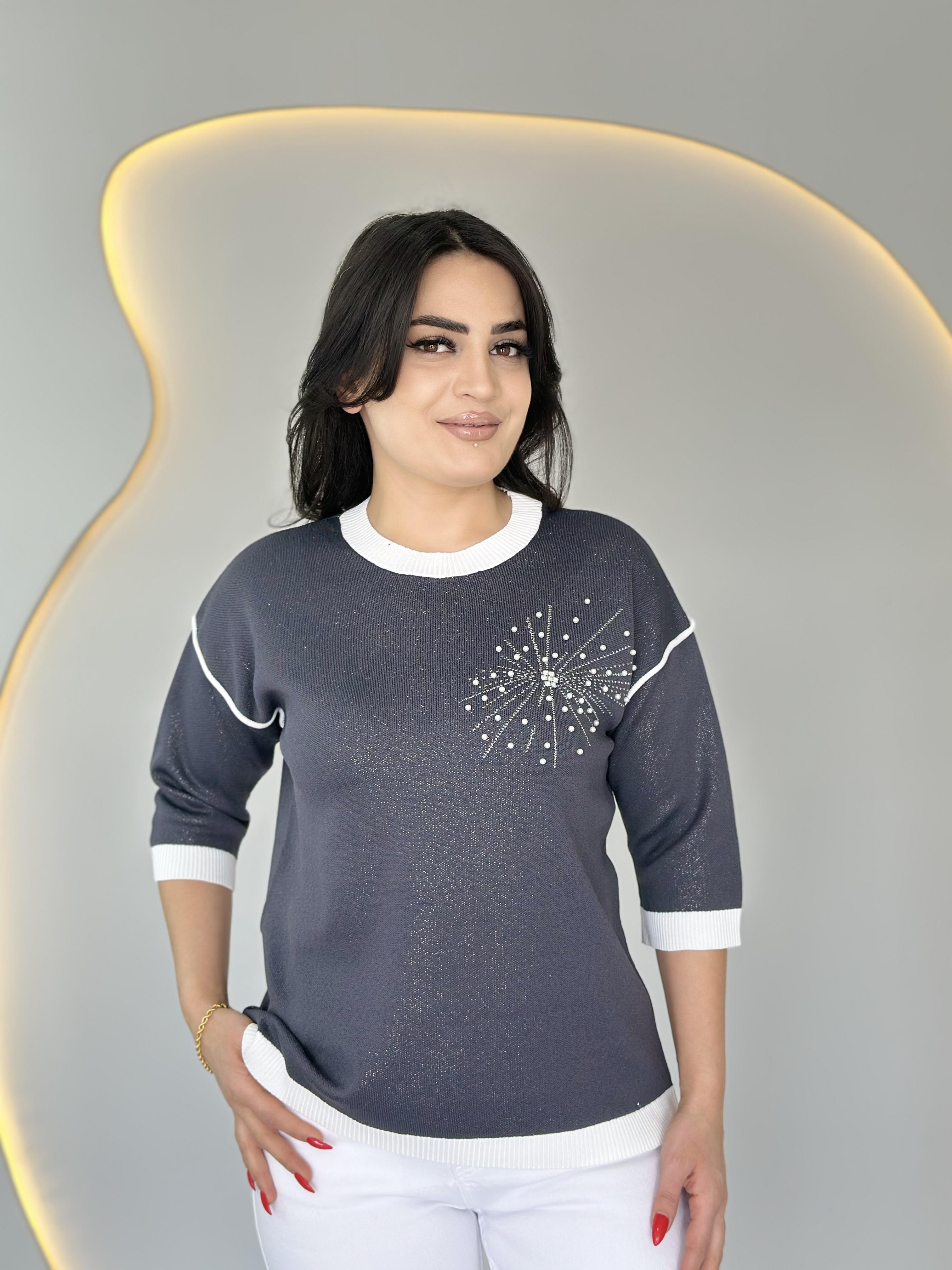 Agin Füme İnci Detay Simli Triko Bluz D000
