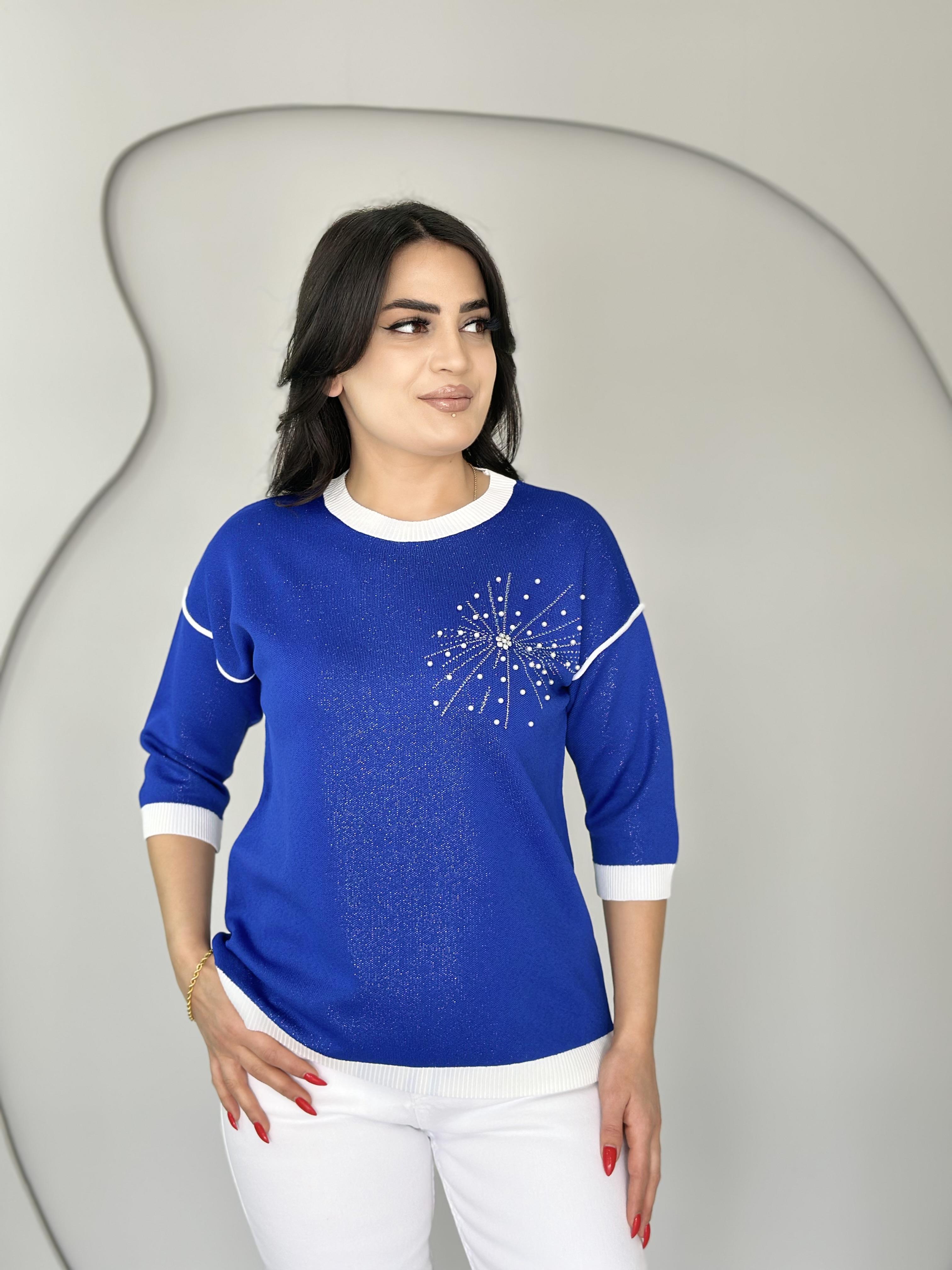 Agin Saks Mavi İnci Detay Simli Triko Bluz D000
