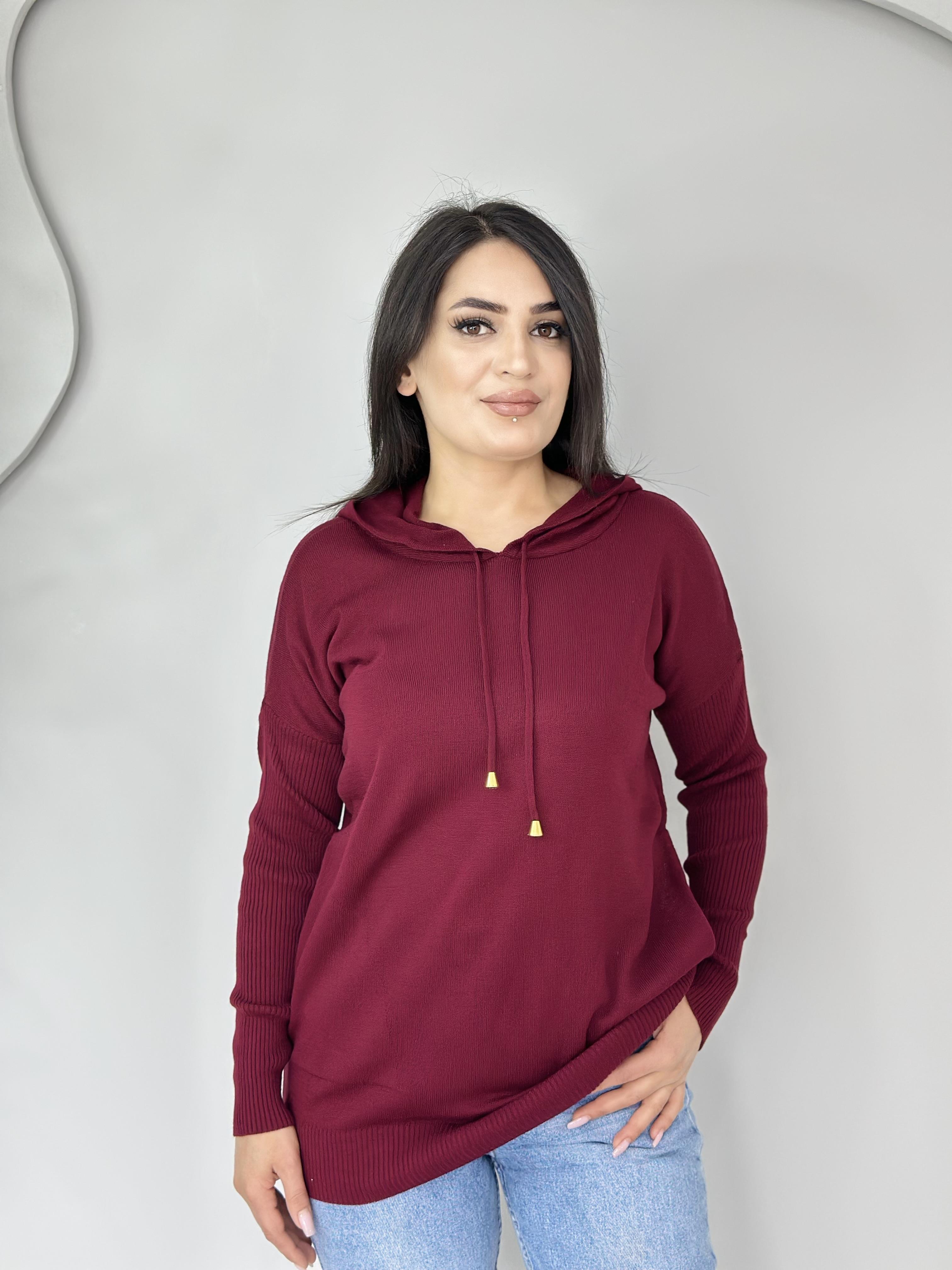 Agnes Bordo Kapüşonlu Cepli Triko Kazak A027