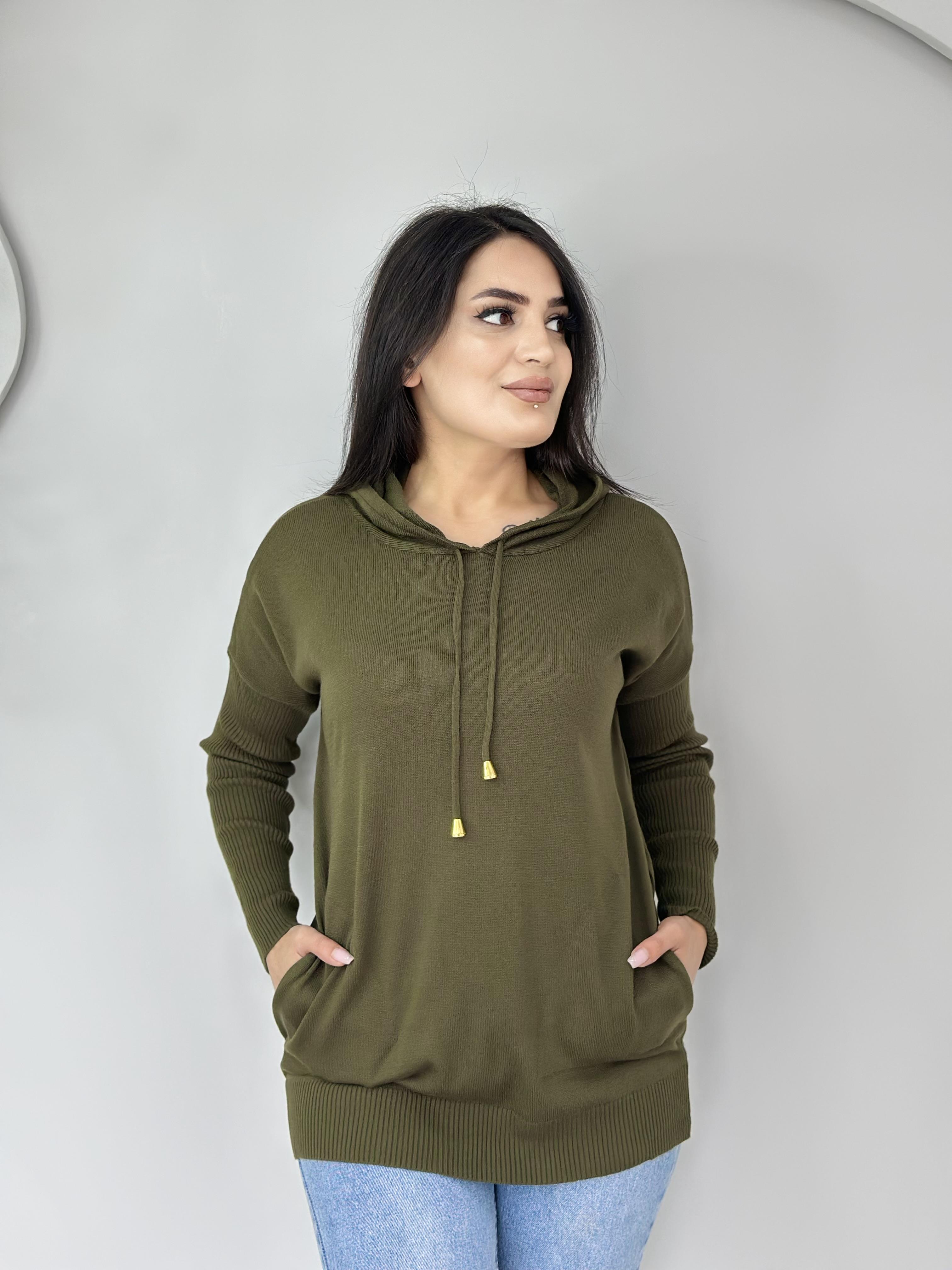 Agnes Haki Kapüşonlu Cepli Triko Kazak A022