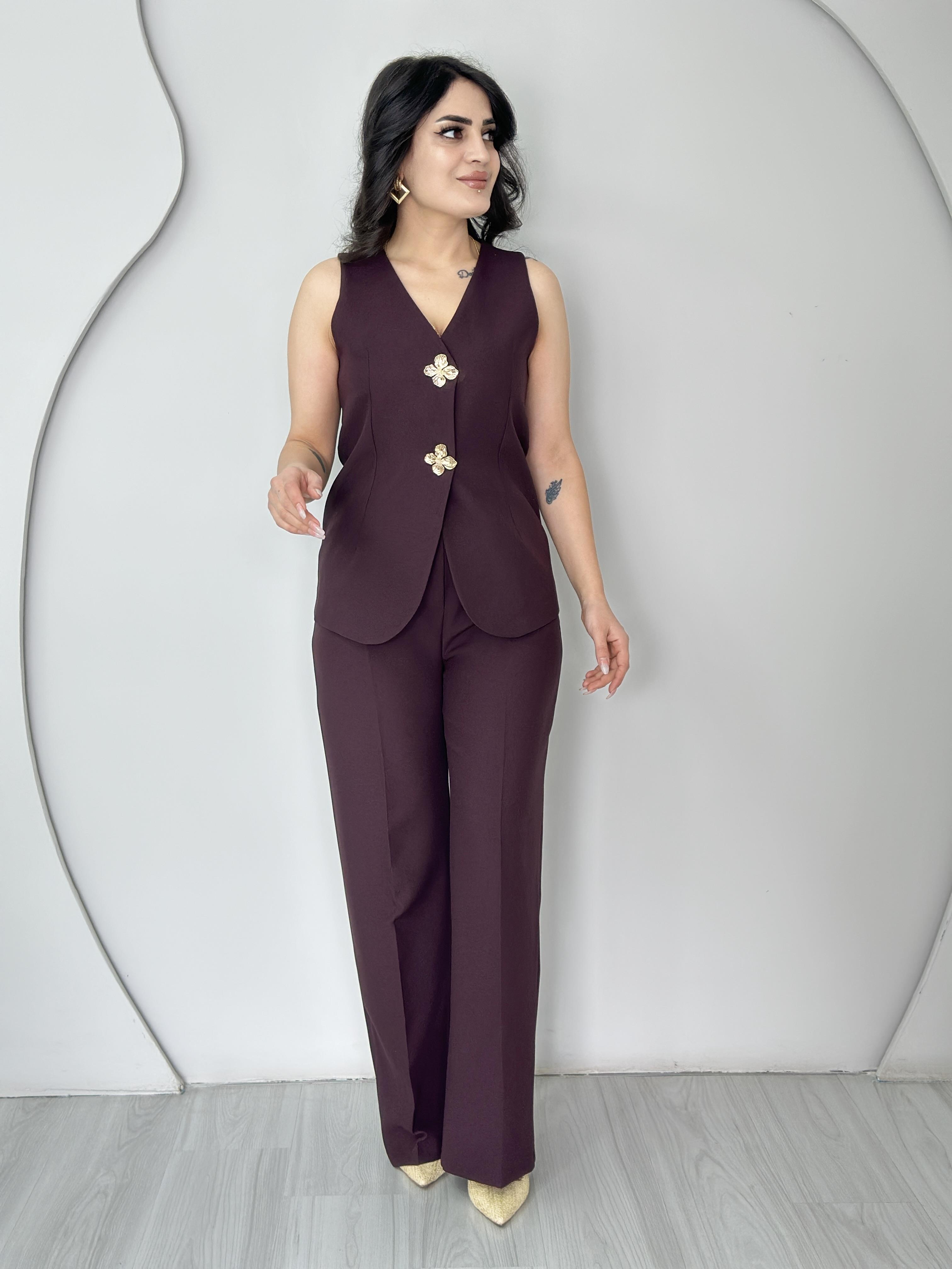 Alva Mürdüm Çiçek Düğmeli Yelek Pantolon Takım c6666