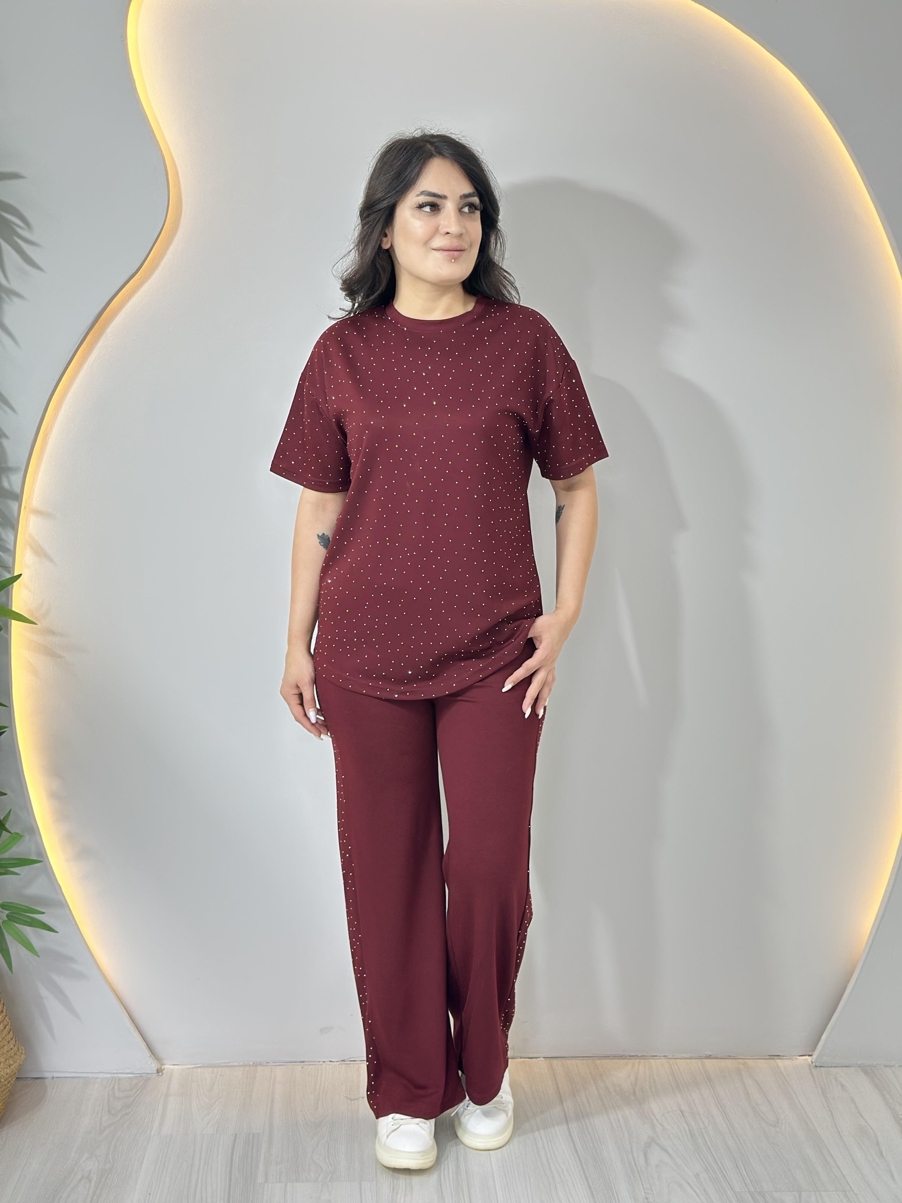 Alya Bordo Modal Kumaş  Bisiklet Yaka Taşlı Tshirt Takım A082