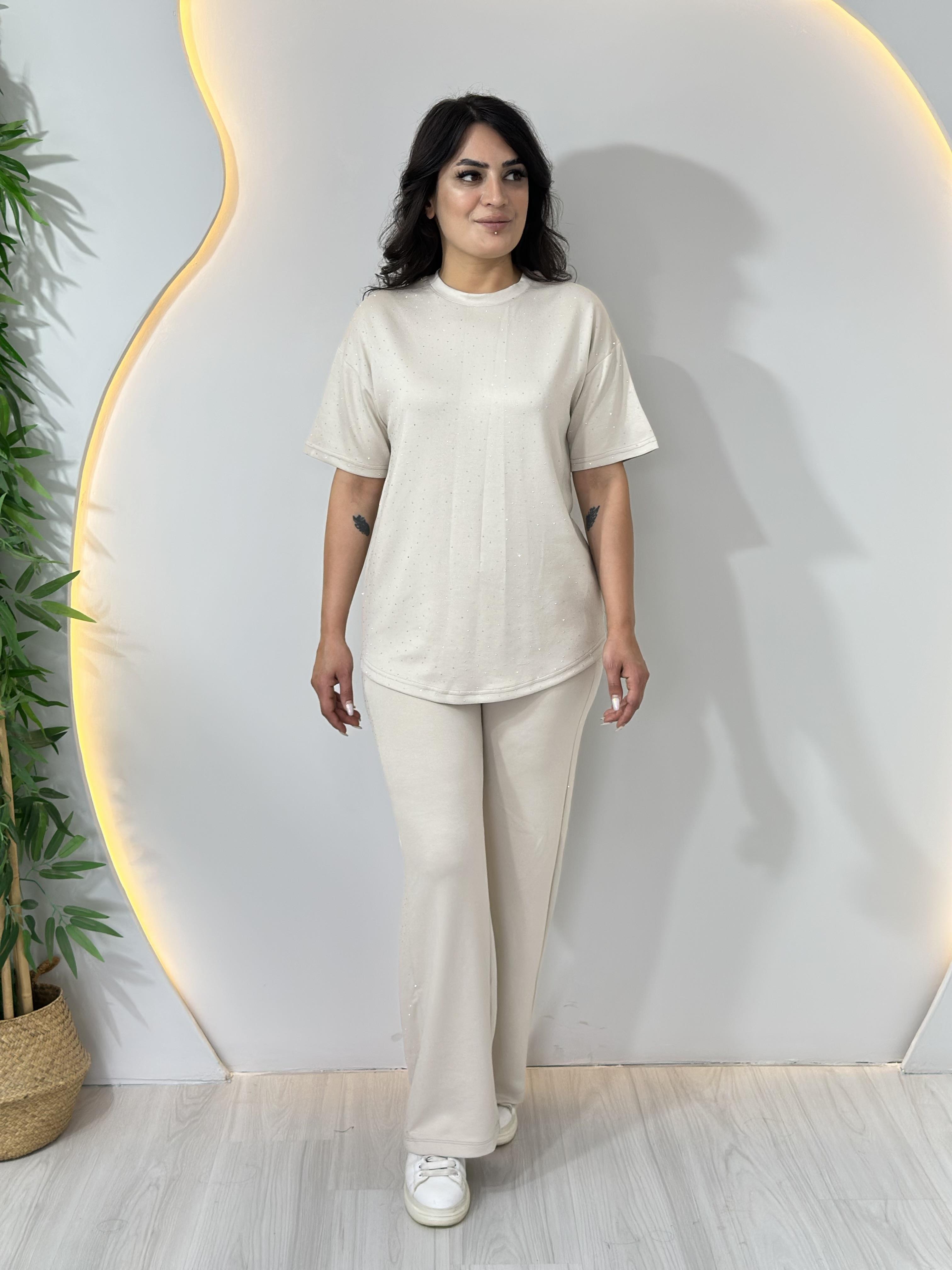 Alya Ekru  Modal Kumaş Bisiklet Yaka Taşlı Tshirt Takım A018