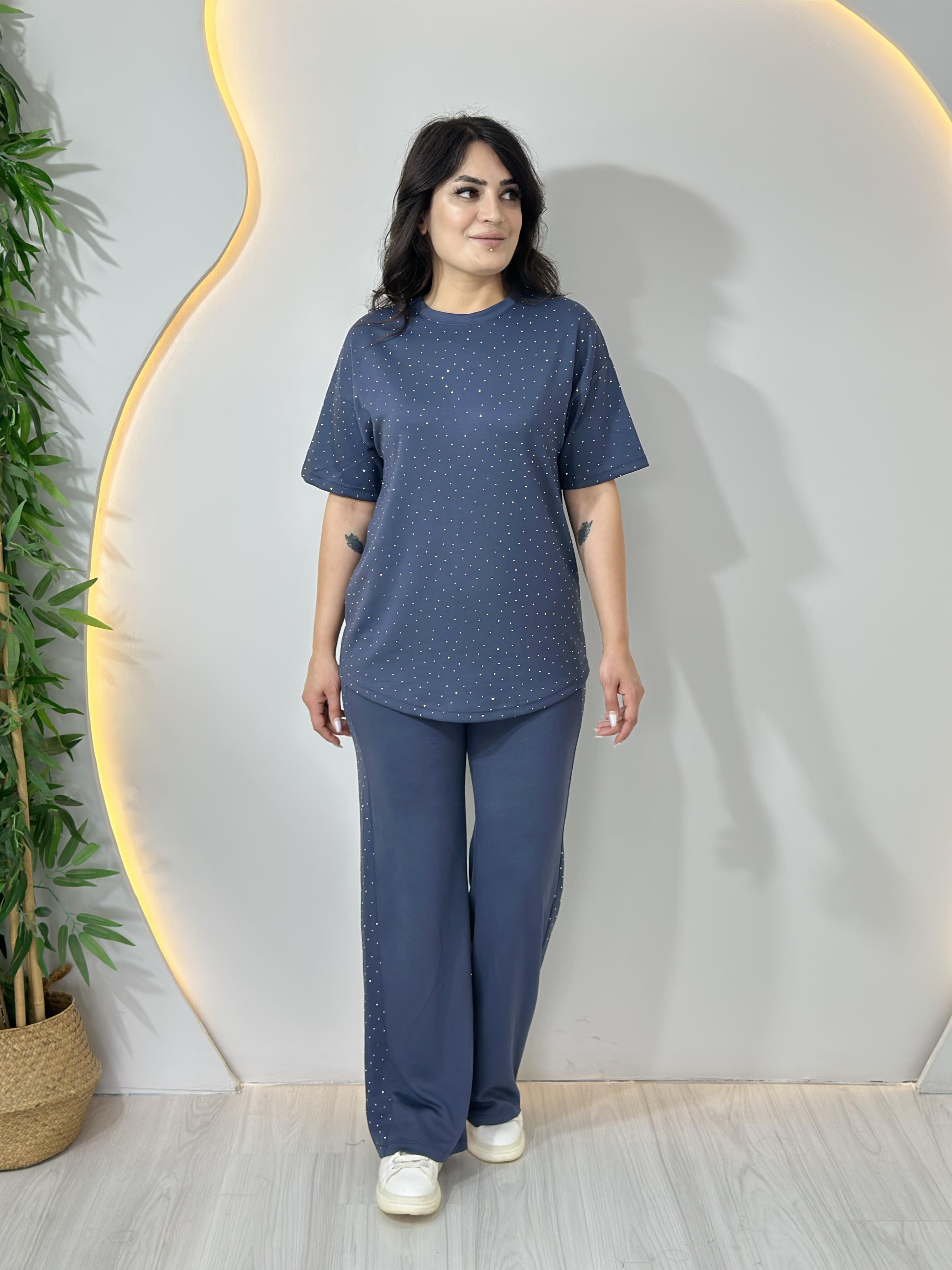 Alya Füme Modal Kumaş Bisiklet Yaka Taşlı Tshirt Takım A017