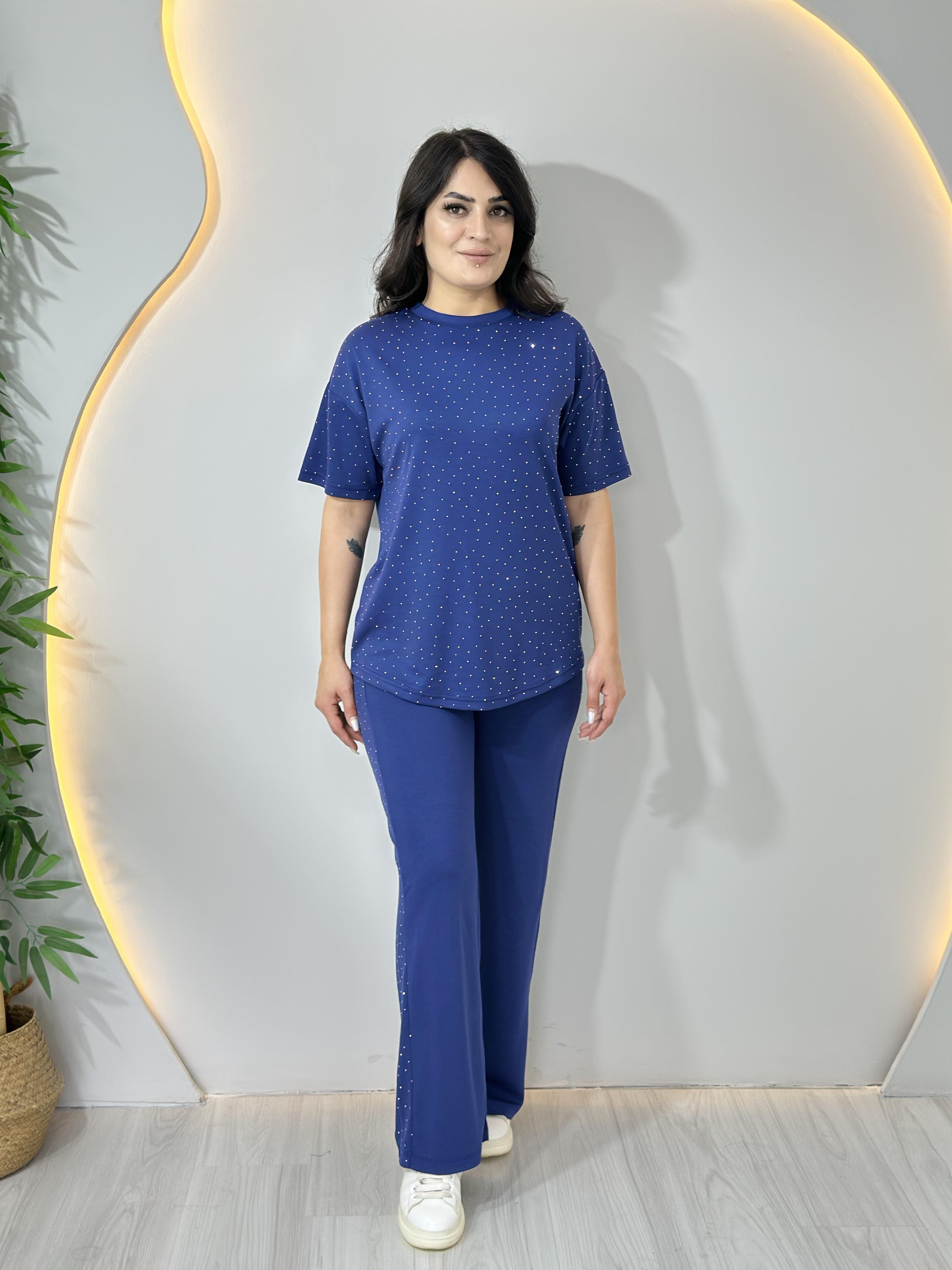 Alya Lacivert Modal Kumaş Bisiklet Yaka Taşlı Tshirt Takım 