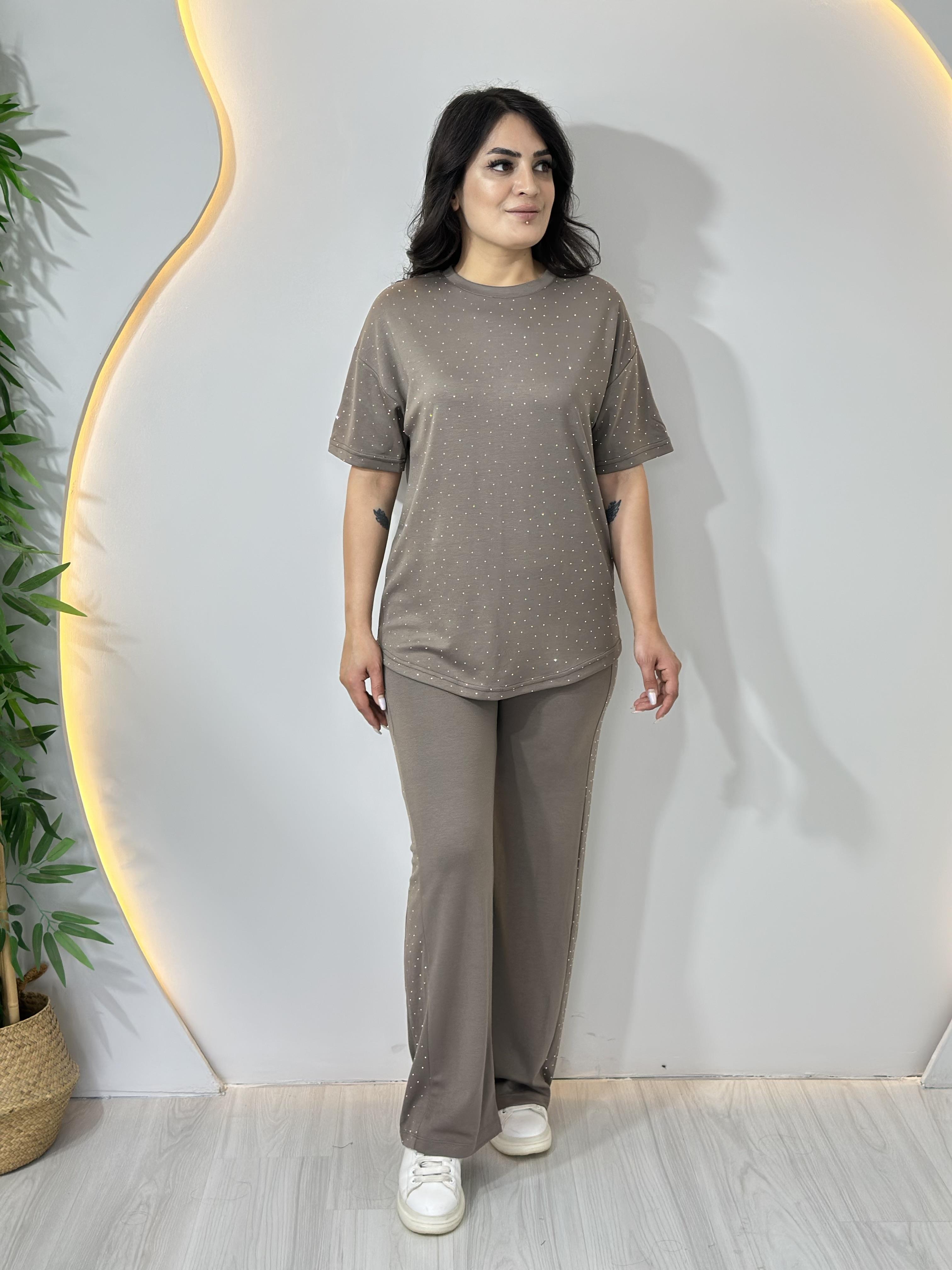 Alya Vizon Modal Kumaş Bisiklet Yaka Taşlı Tshirt Takım A019