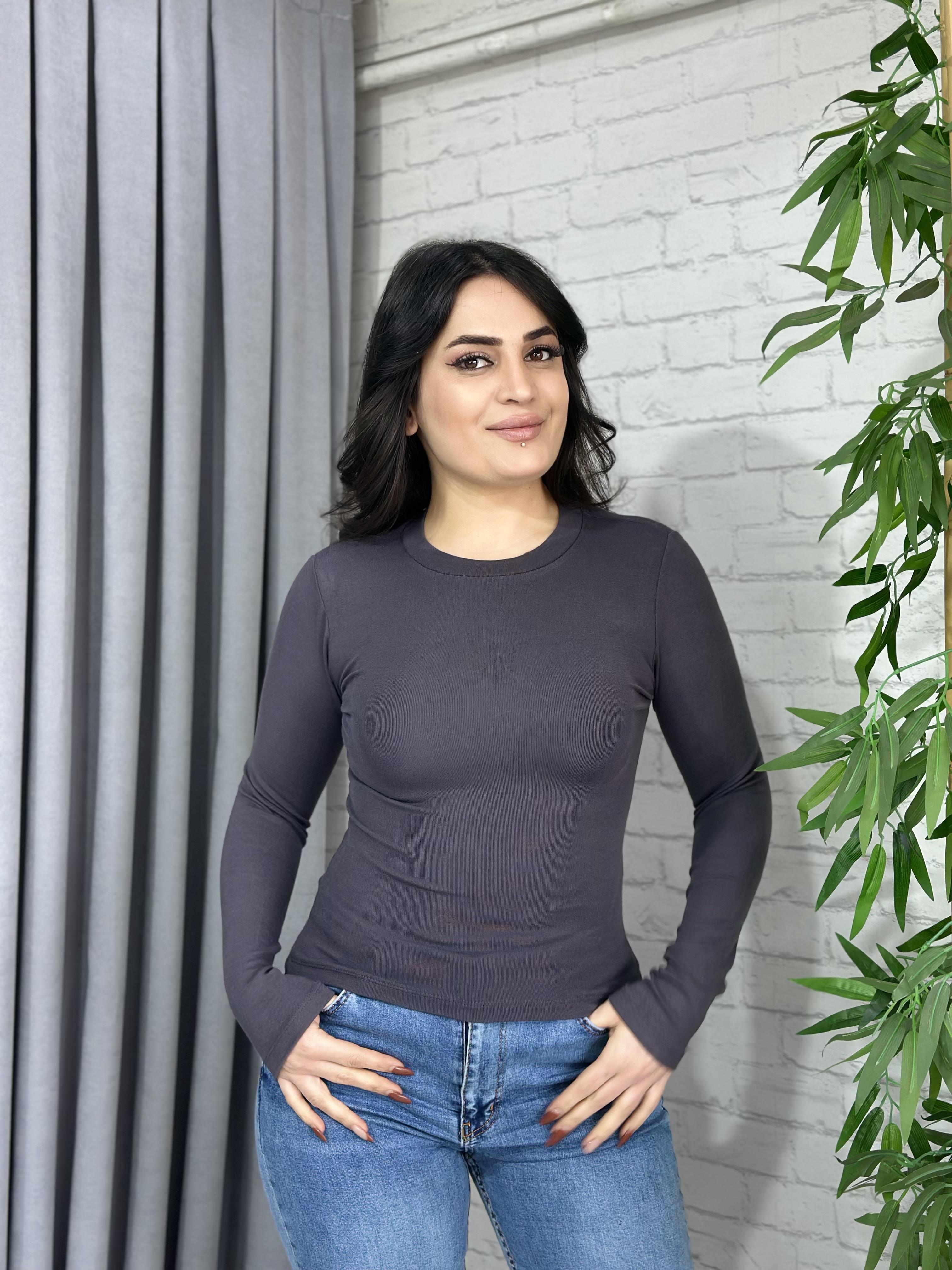 Antrasit Bisiklet Yaka Modal Kumaş Uzun Kol Basic Orijinal Tshirt A001
