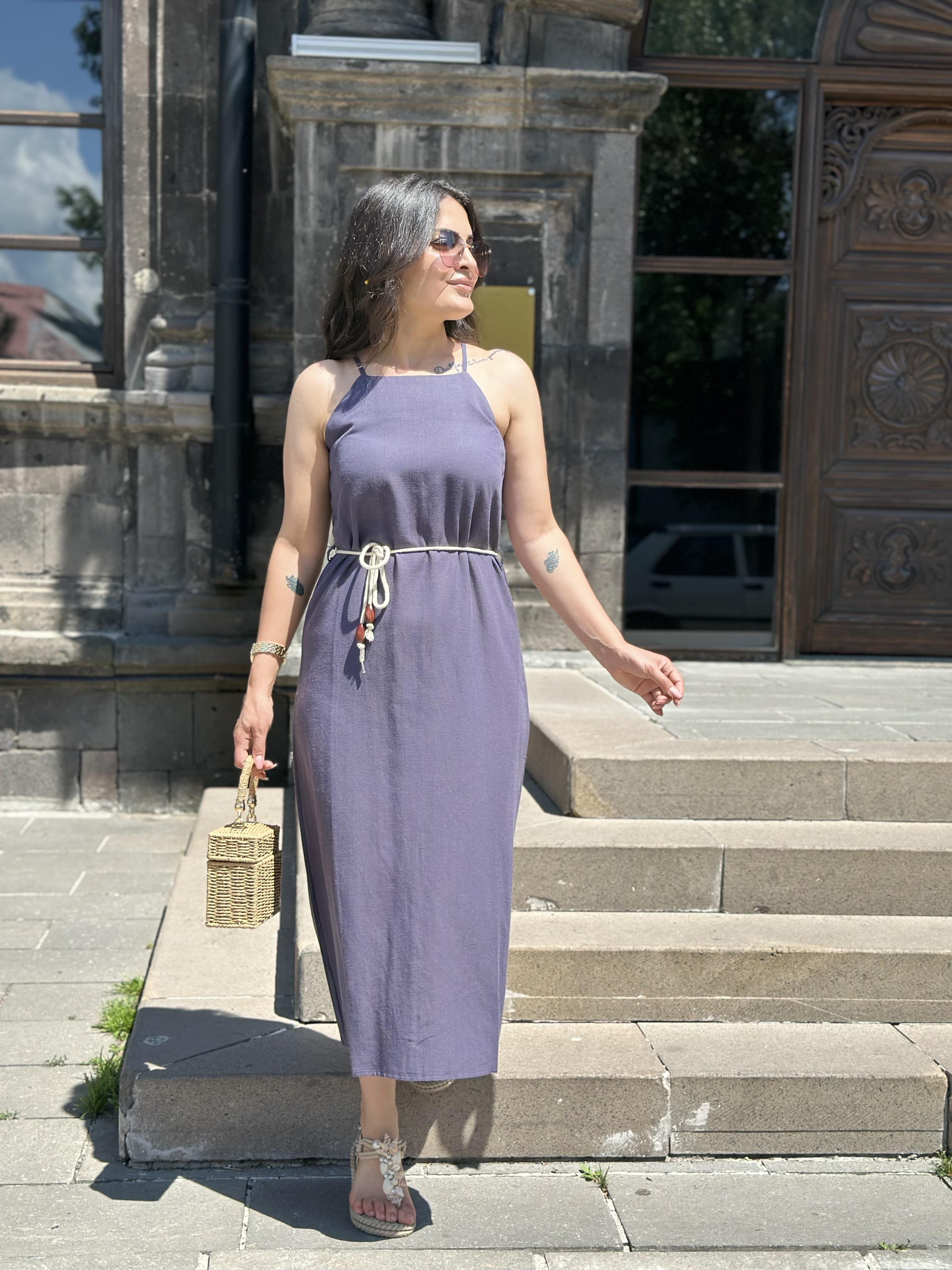 Antrasit İp Askı Keten Kumaş Hasır Kemerli Elbise