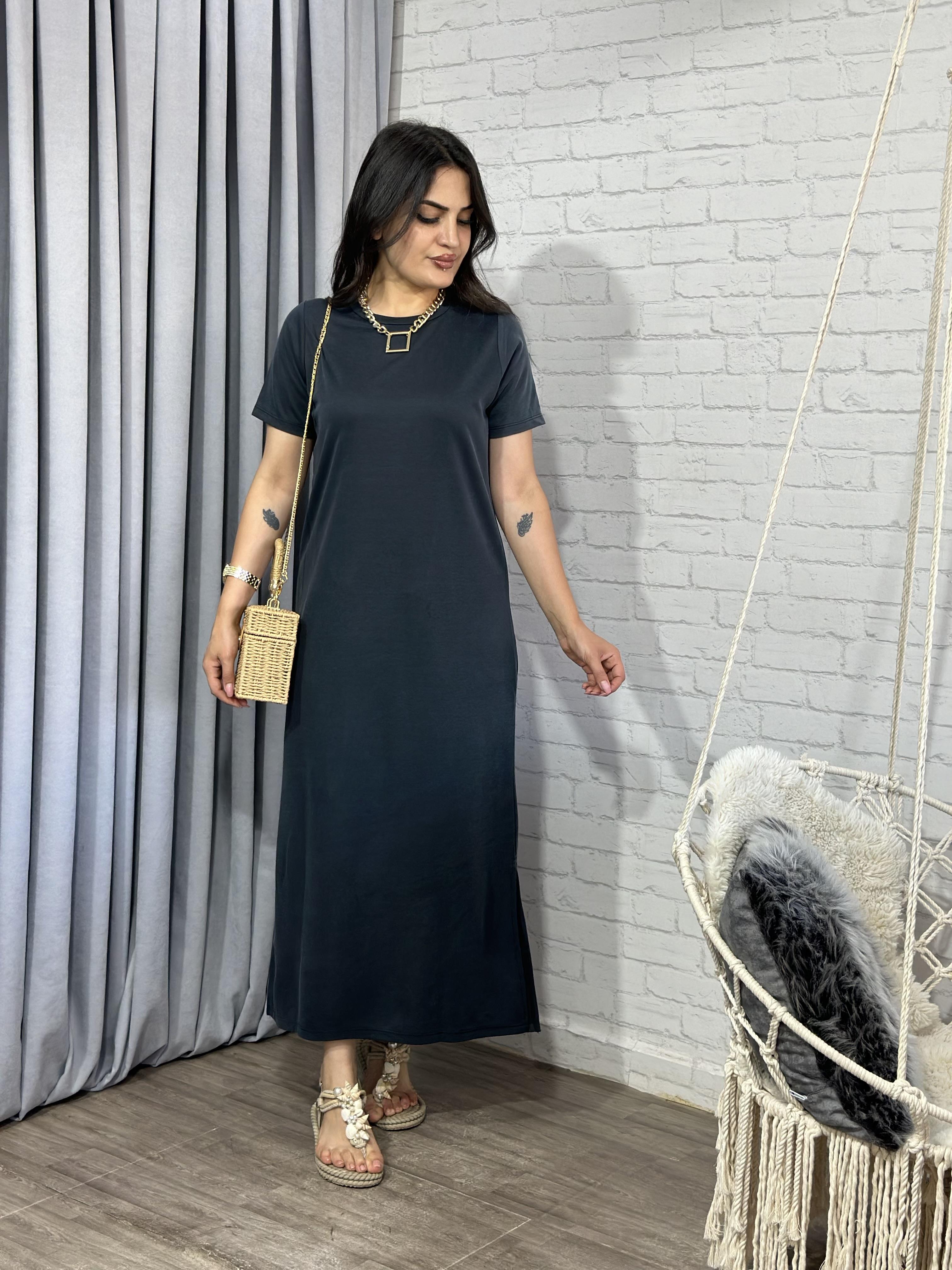 Antrasit Oysho Model Pike Yarım Kol Yandan Yırtmaçlı Elbise