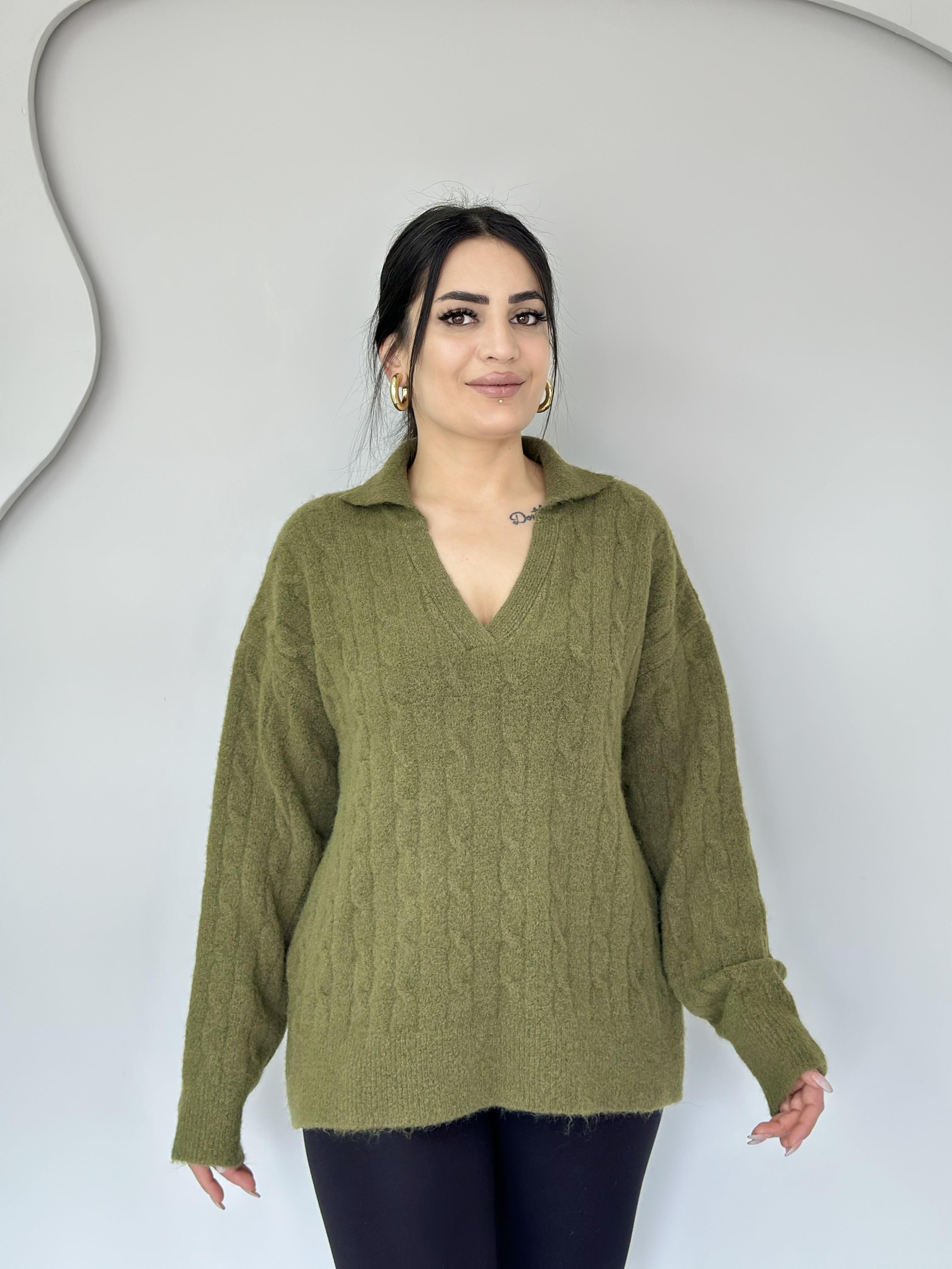 Aria Haki Polo Yaka Saç Örgü Triko Kazak C9896