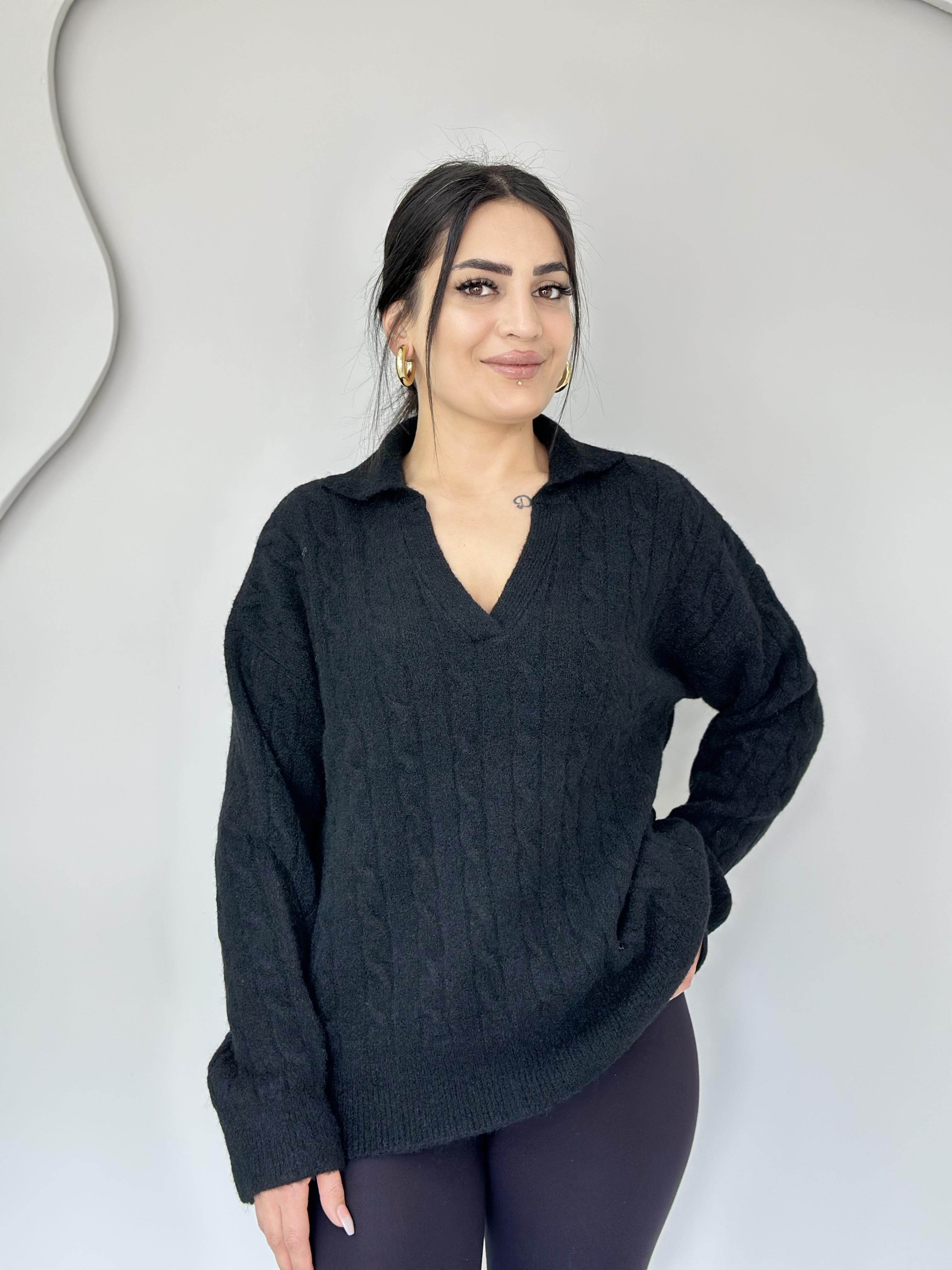 Aria Siyah Polo Yaka Saç Örgü Triko Kazak C9896