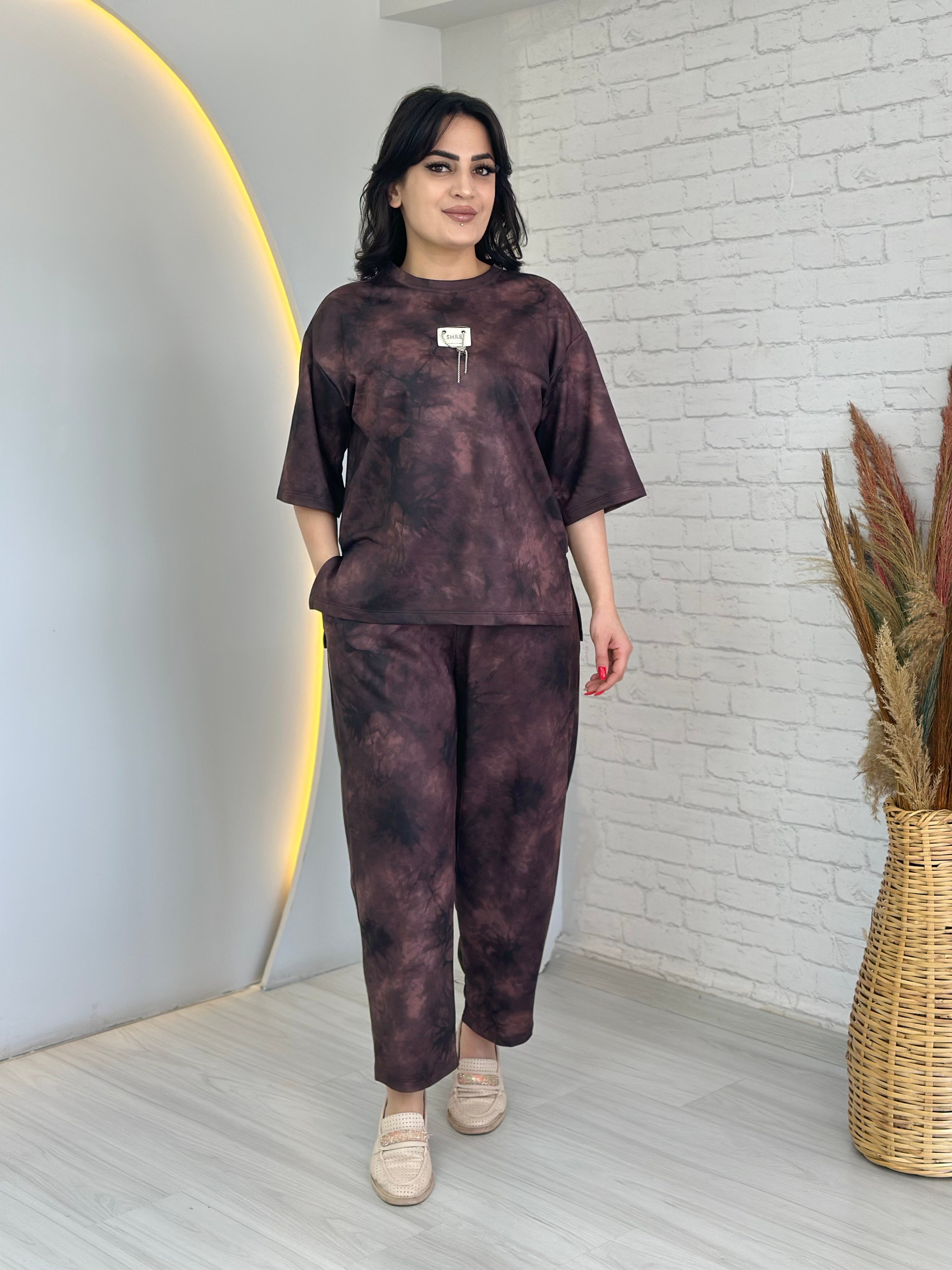 Arven Kahve Batik Desen Armalı Viskon İkili Takım D091