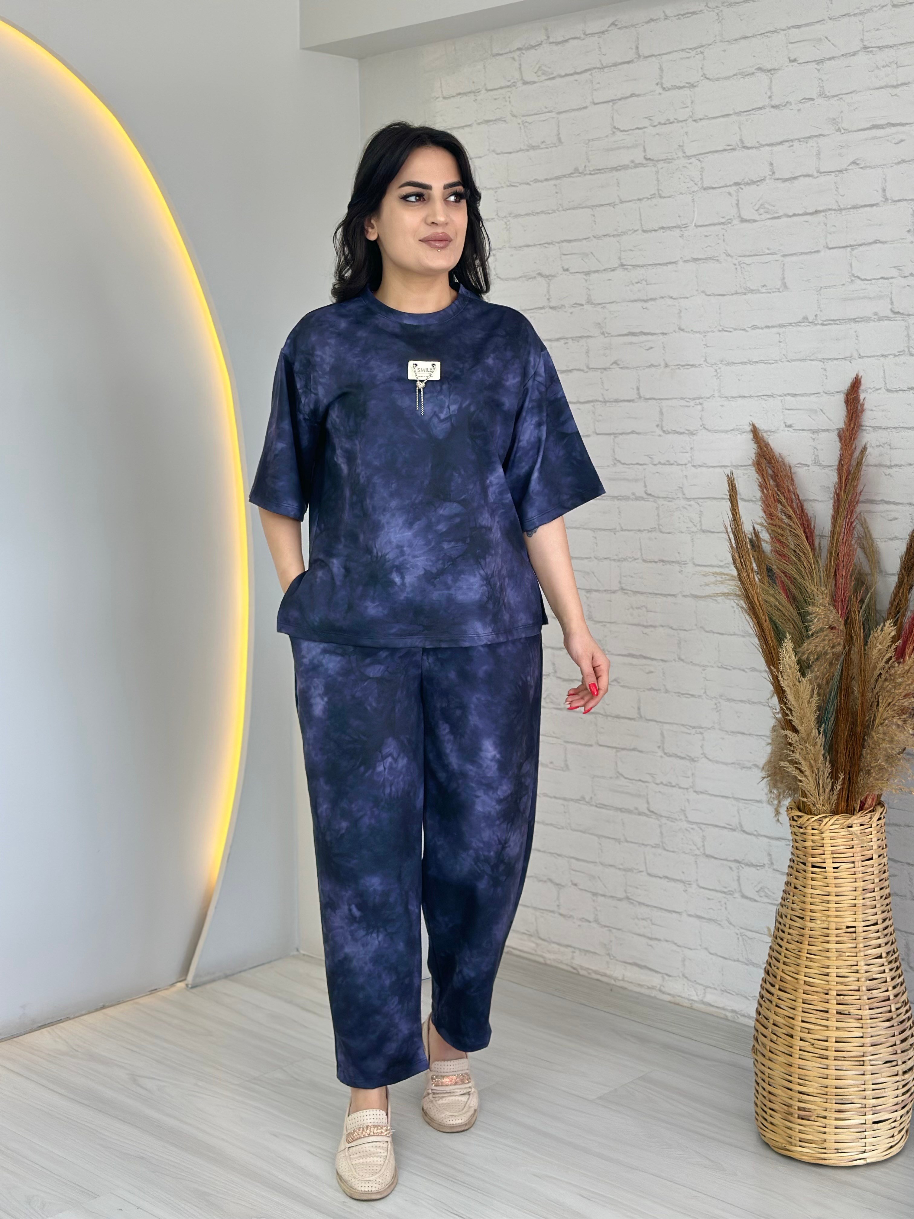 Arven Lacivert Batik Desen Armalı Viskon İkili Takım A091