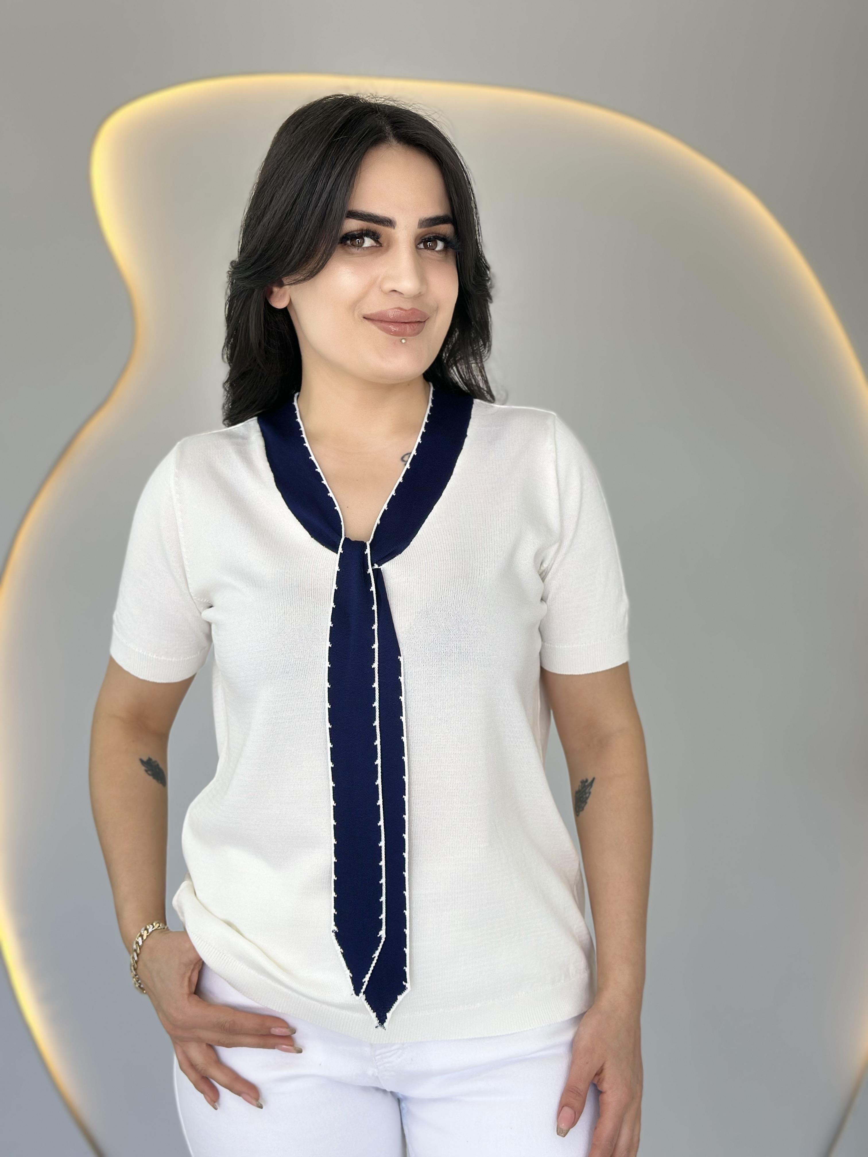 Aven Beyaz Fularlı Bağlama Yaka Kısa Kollu Merserize Bluz D017