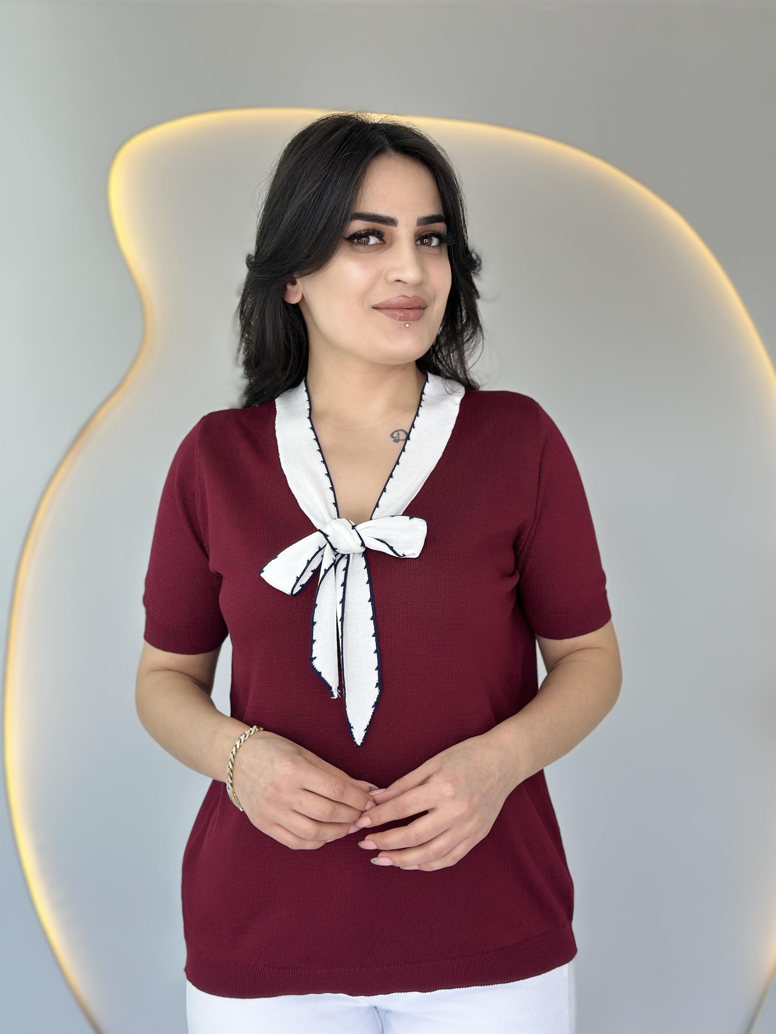 Aven Bordo Fularlı Bağlama Yaka Kısa Kollu Merserize Bluz D017
