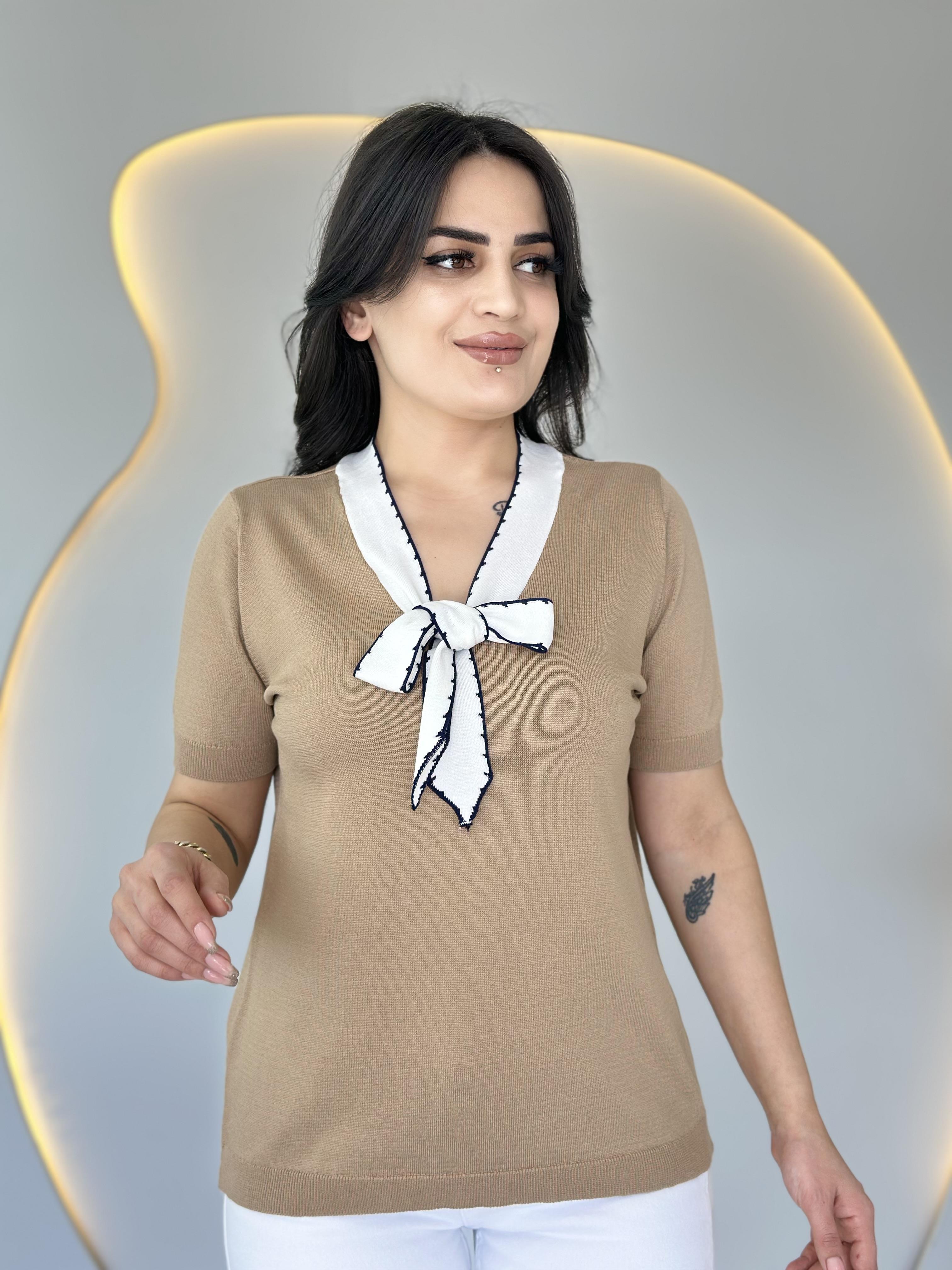 Aven Camel Fularlı Bağlama Yaka Kısa Kollu Merserize Bluz D017