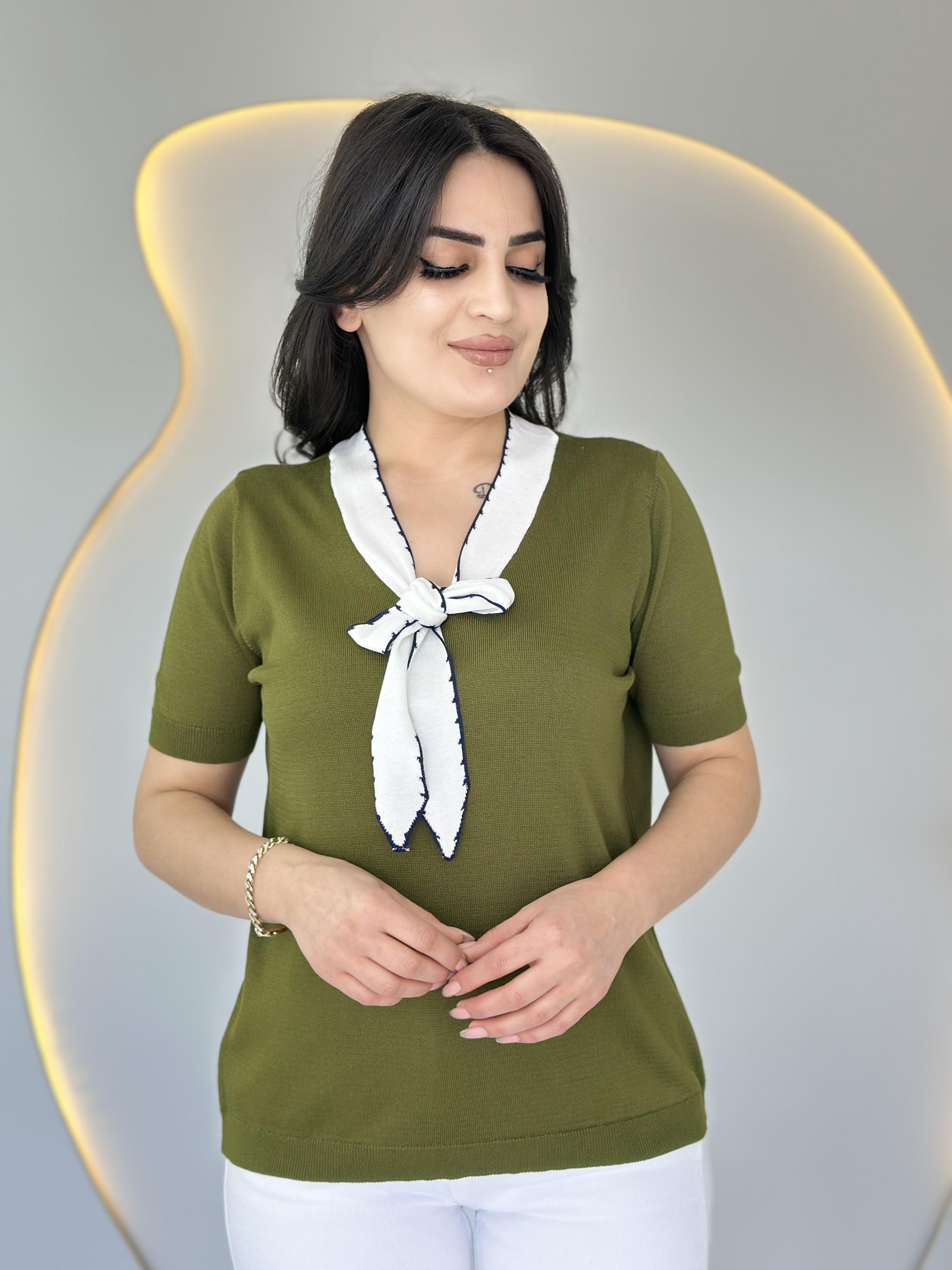 Aven Haki Fularlı Bağlama Yaka Kısa Kollu Merserize D017Bluz
