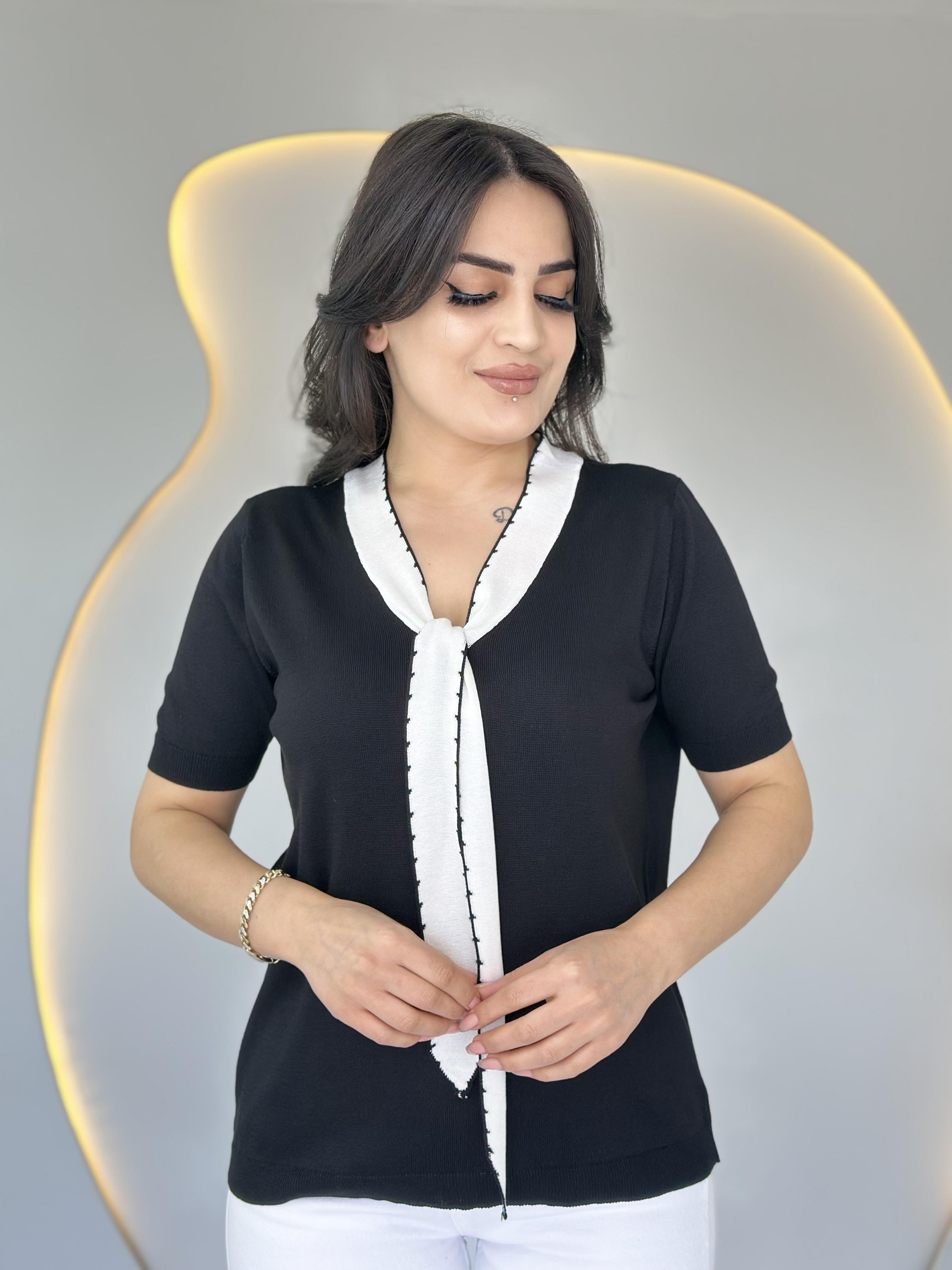 Aven Siyah Fularlı Bağlama Yaka Kısa Kollu Merserize Bluz D017