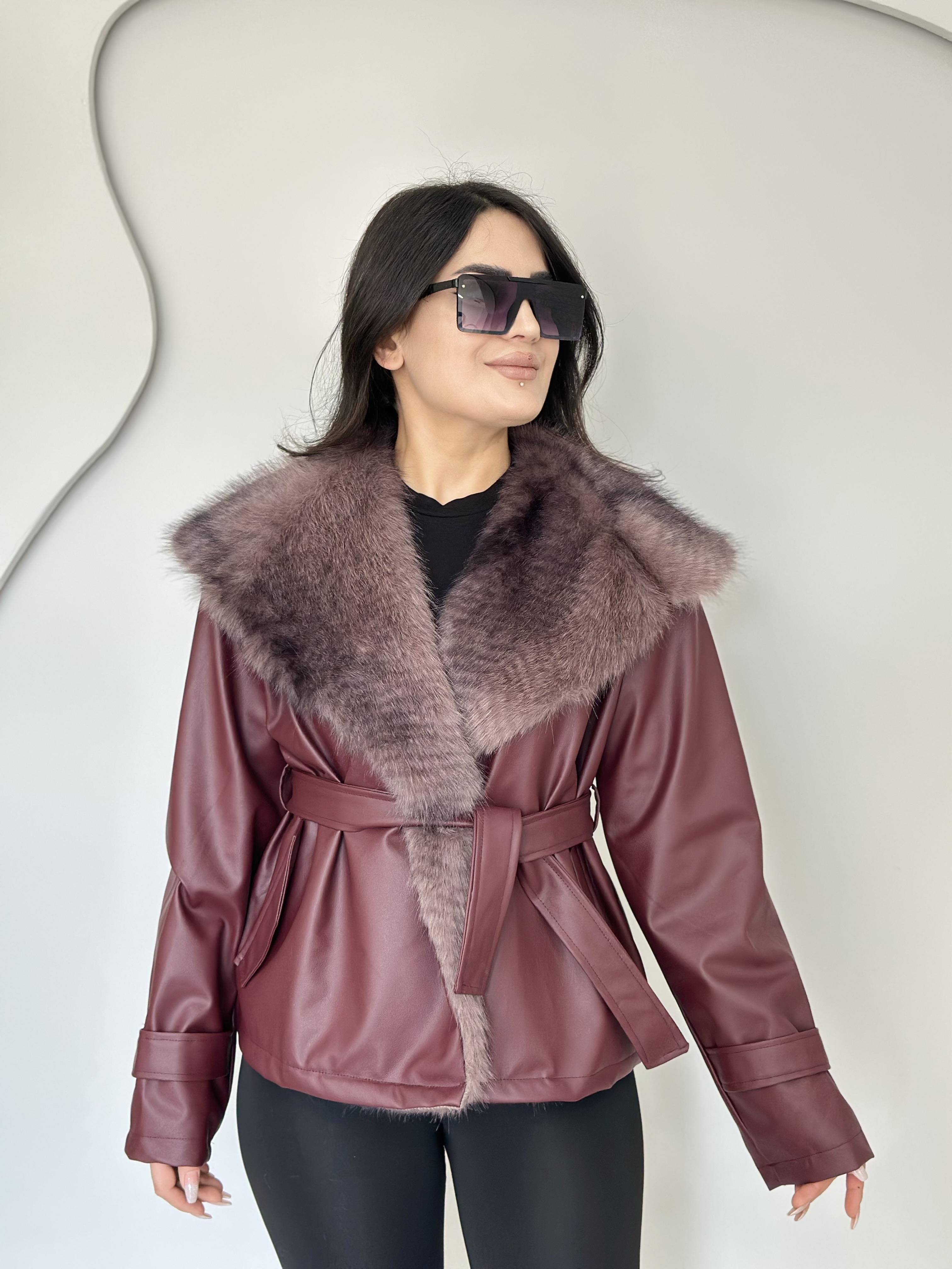Ayla Bordo Kürk Yaka Kuşaklı Astarlı Deri Ceket A4141