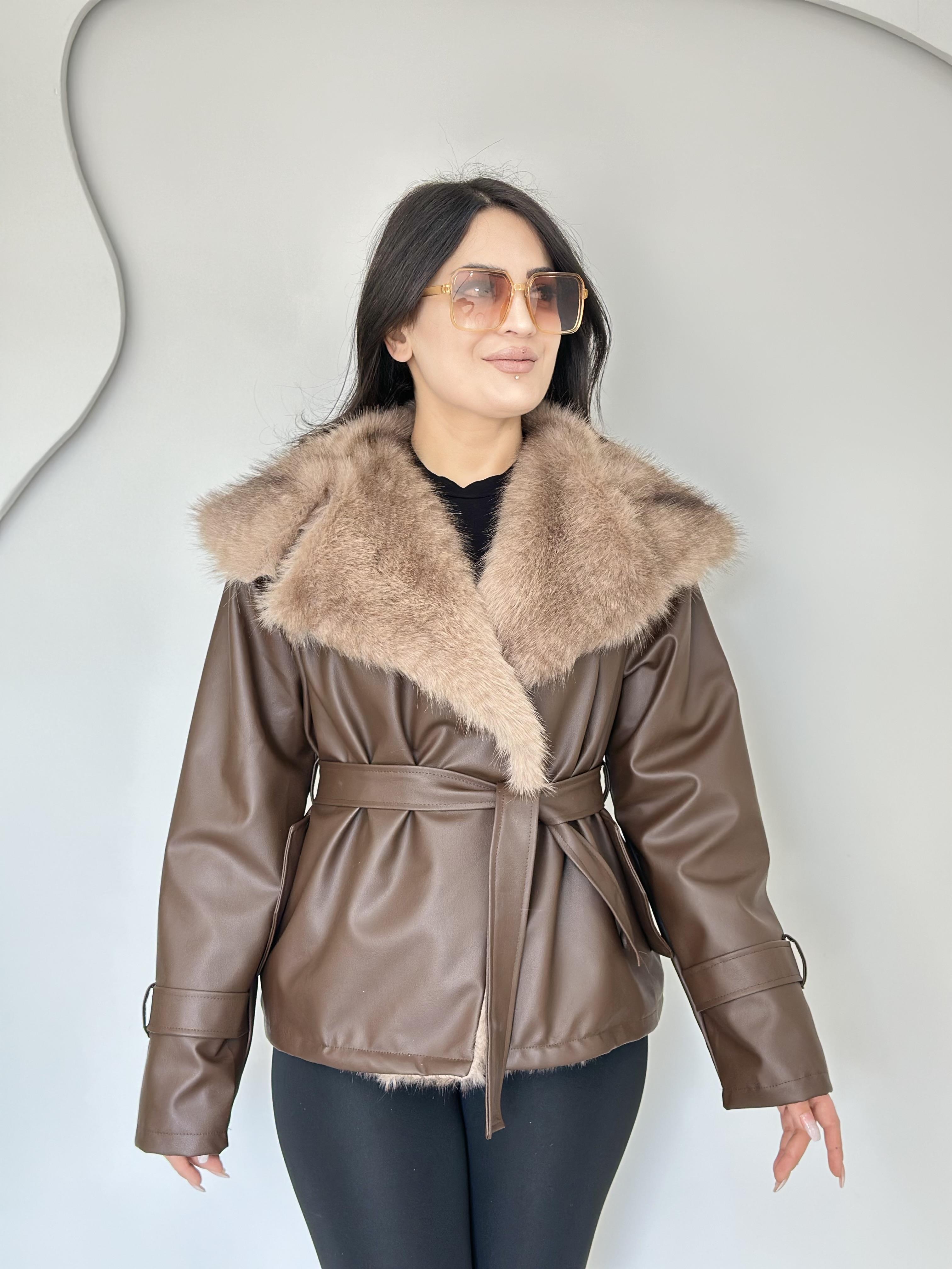Ayla Kahve Kürk Yaka Kuşaklı Astarlı Deri Ceket A4141