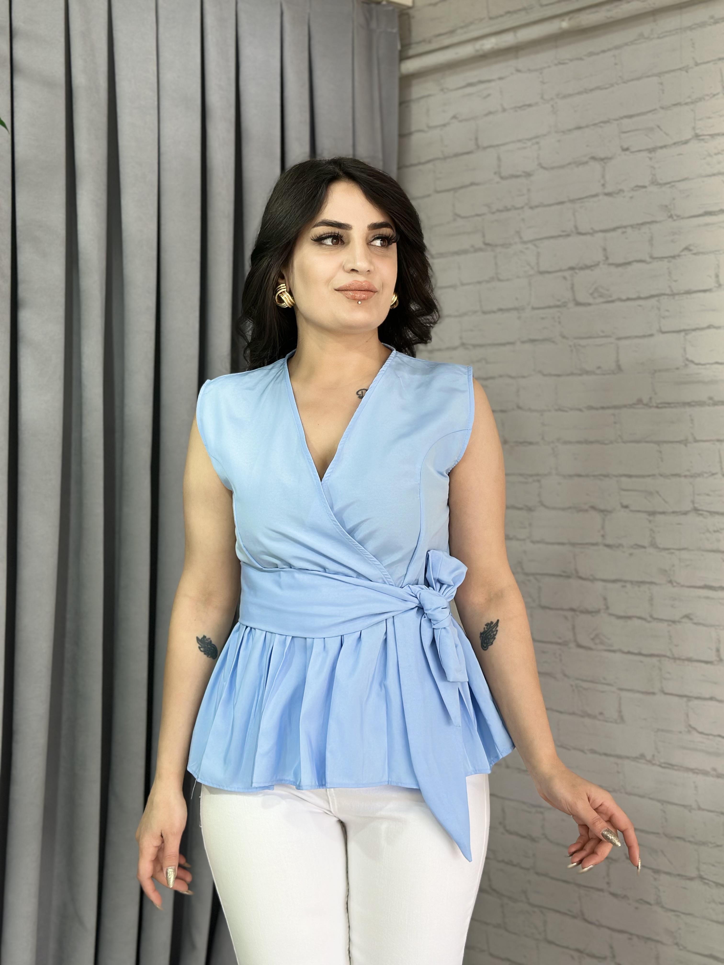 Bebe Mavi Kruvaze Yaka Sıfır Kol Beli Lastikli Poplin Bluz A022