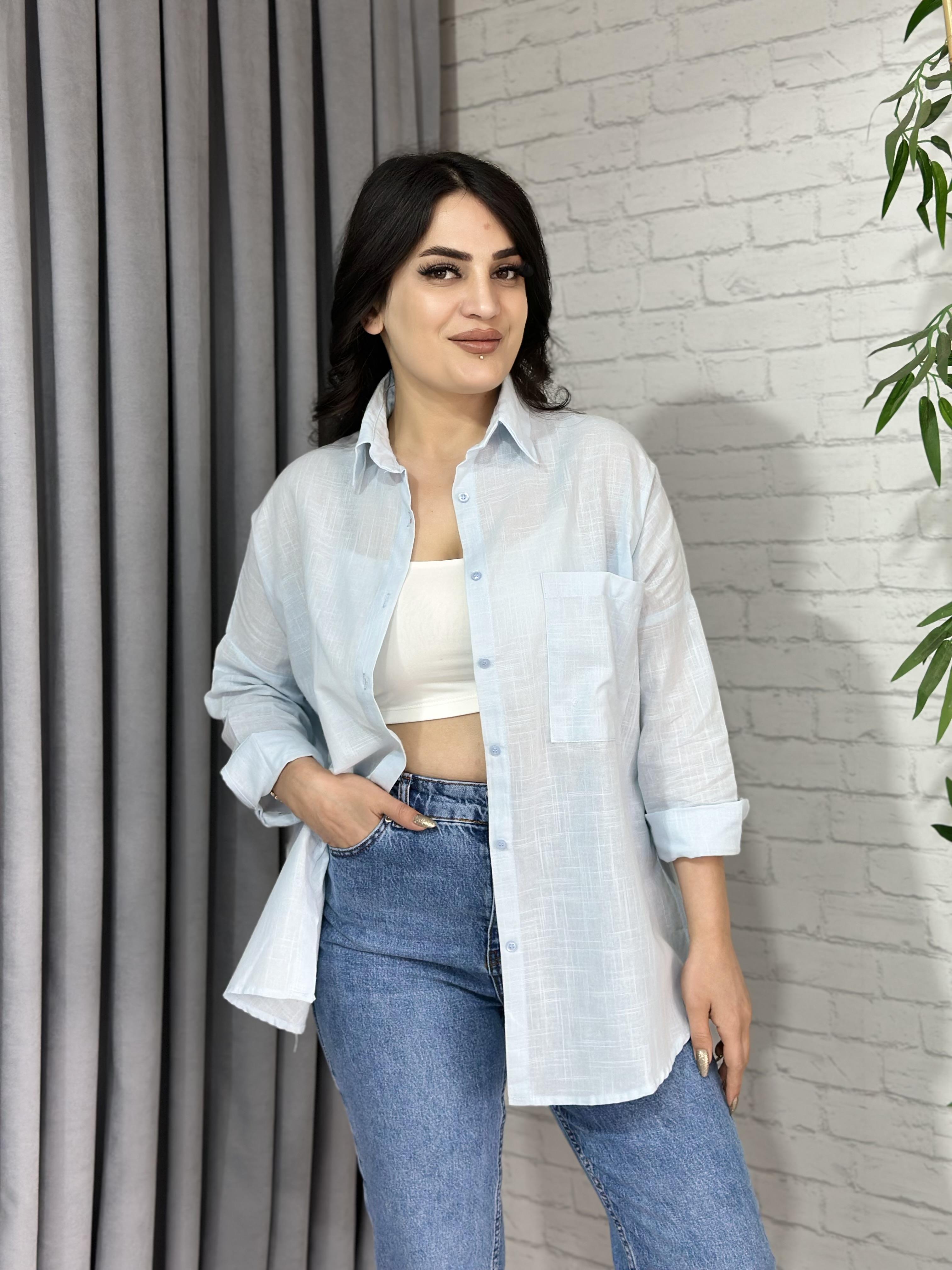 Bebe Mavi Oversize Cepli Keten Gömlek A098