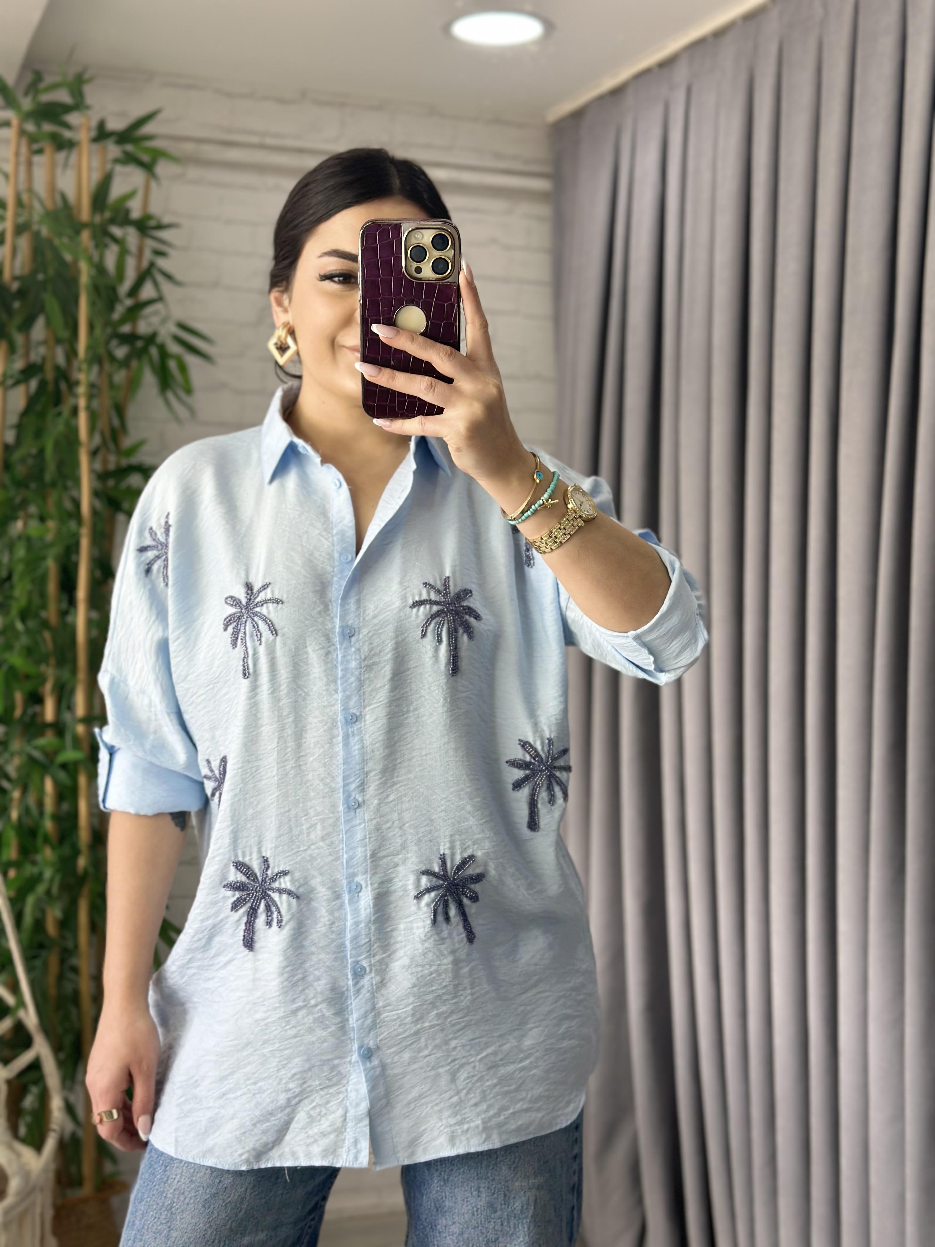 Bebe Mavisi Palmiye Boncuk İşlemeli Oversize Gömlek