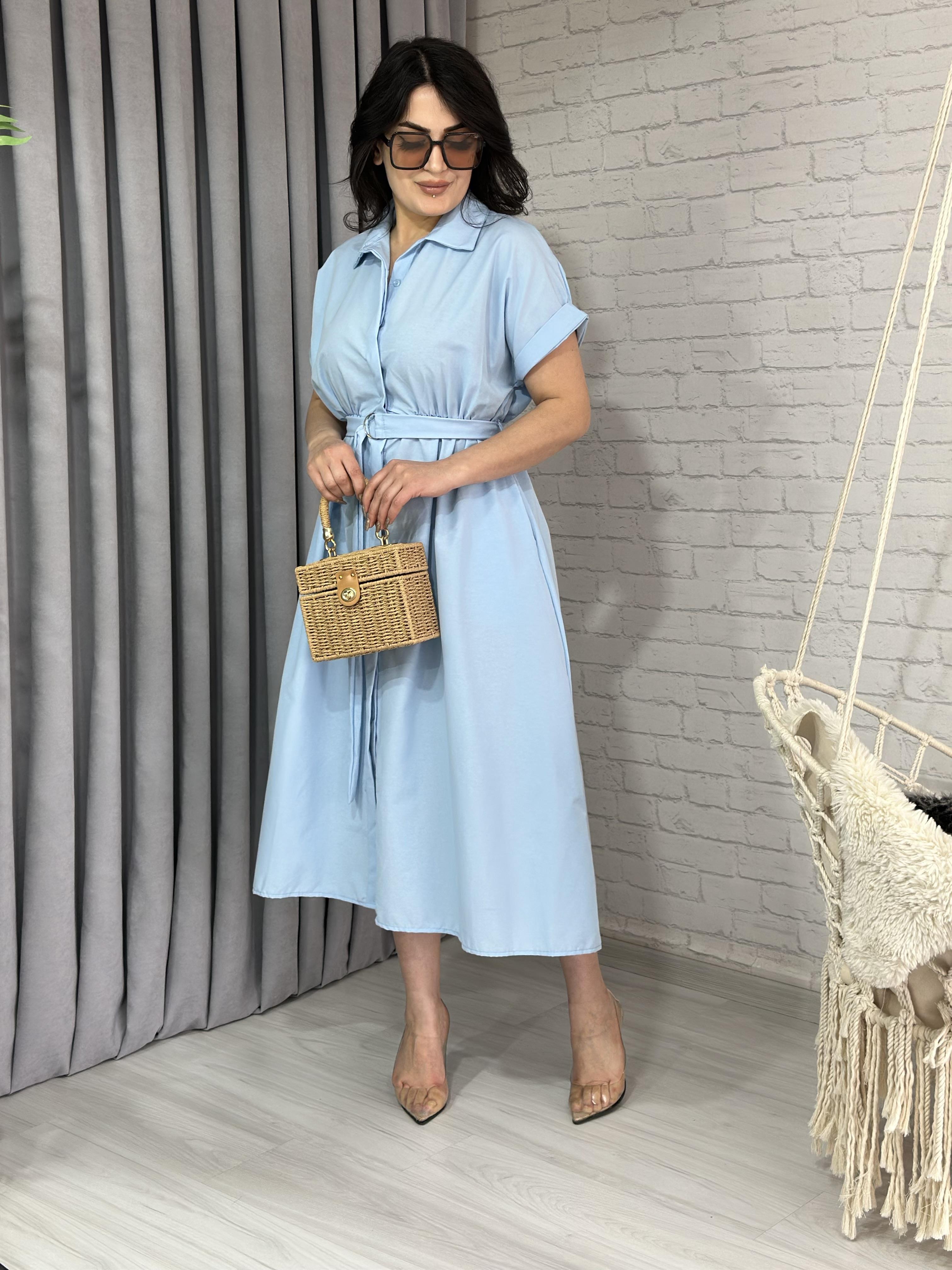 Bebe Mavisi Poplin Kumaş Beli Lastikli Kemerli Midi Boy Elbise A027